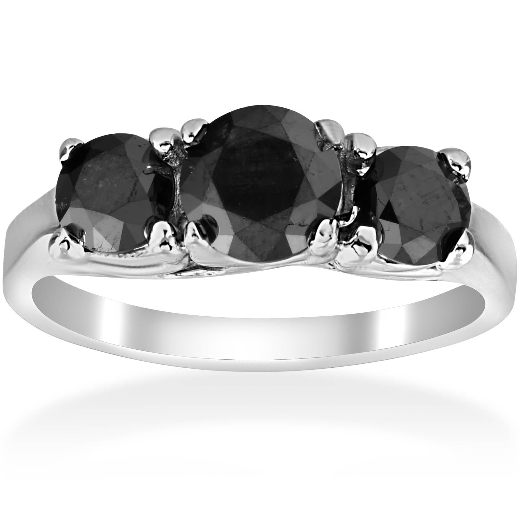 2 1/3ct Three Stone Black Diamond Engagement Ring 14K White Gold