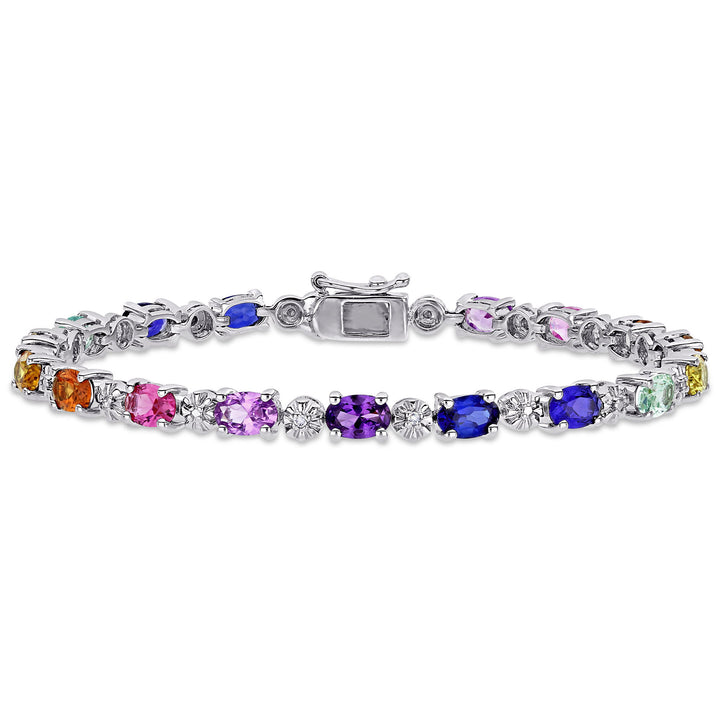 Multi-Color Lab Created Sapphire Bracelet with Diamond Accents in Sterling Silver