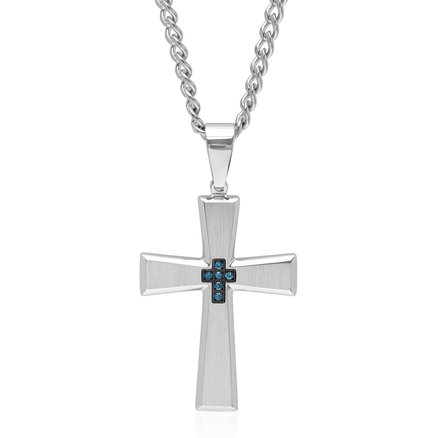 Blue Diamond Accent Cross Pendant in Stainless Steel
