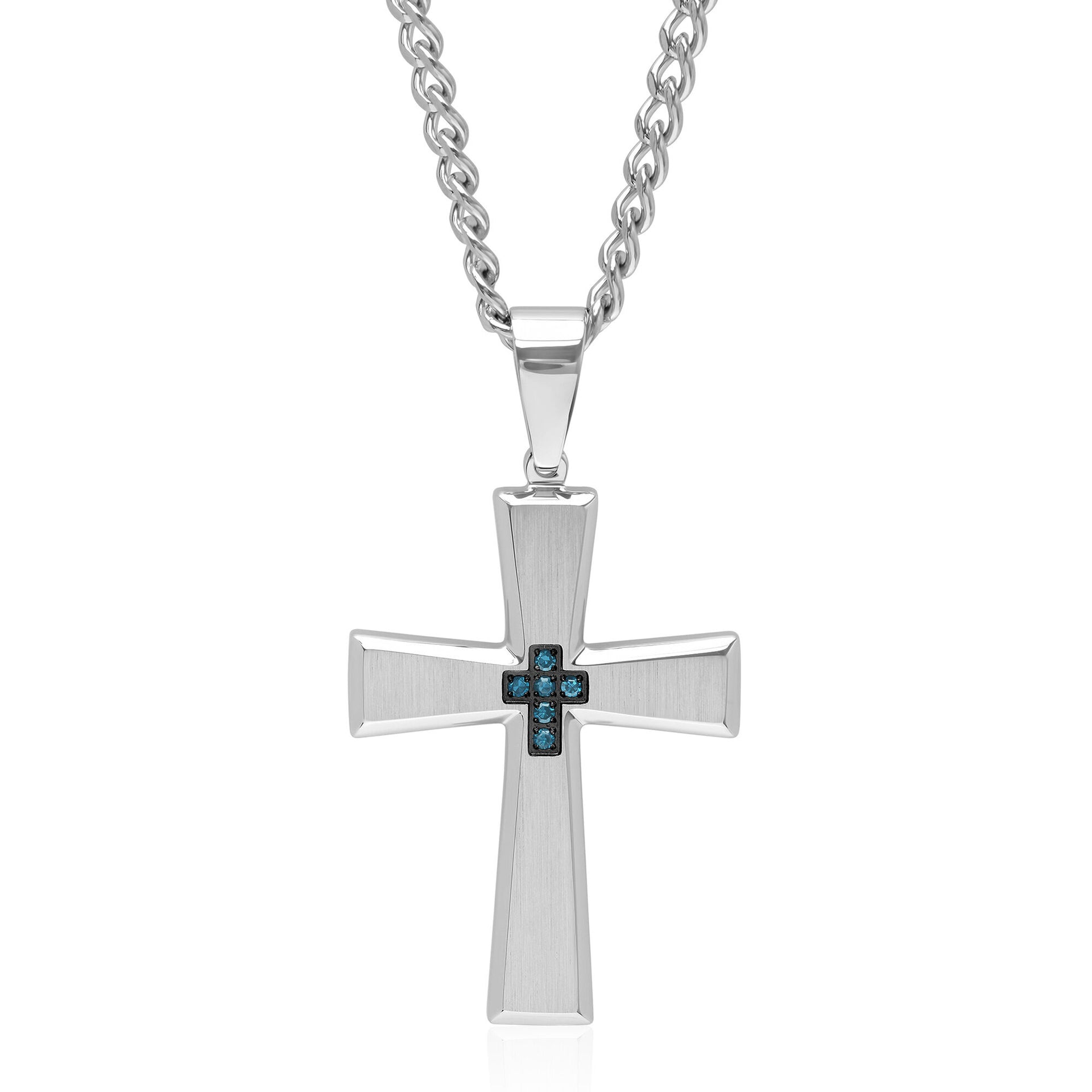 Blue Diamond Accent Cross Pendant in Stainless Steel