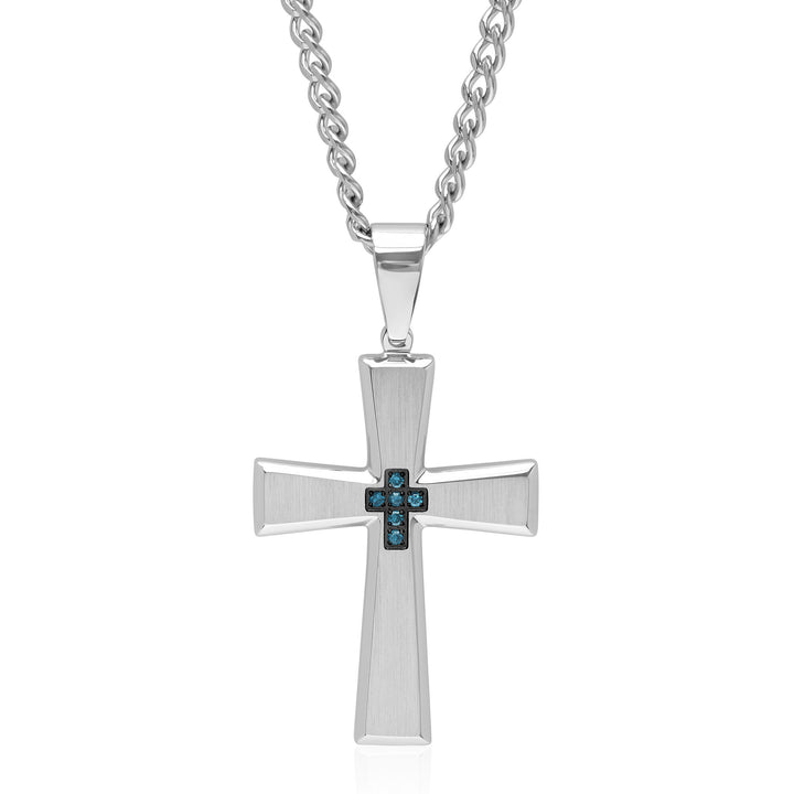Blue Diamond Accent Cross Pendant in Stainless Steel