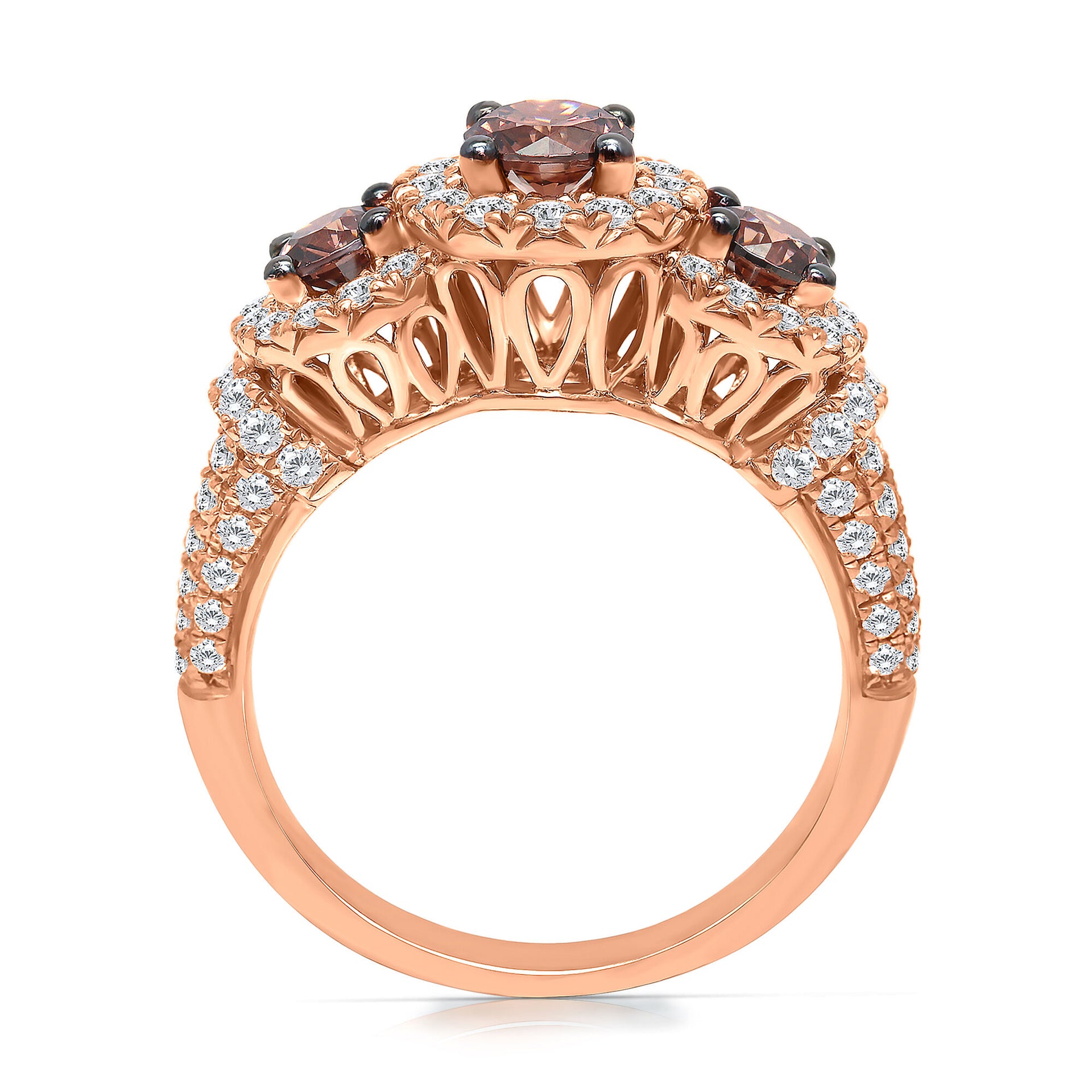 Champagne Diamond Three-Stone Halo Ring in 14K Rose Gold (2 ct. tw.)