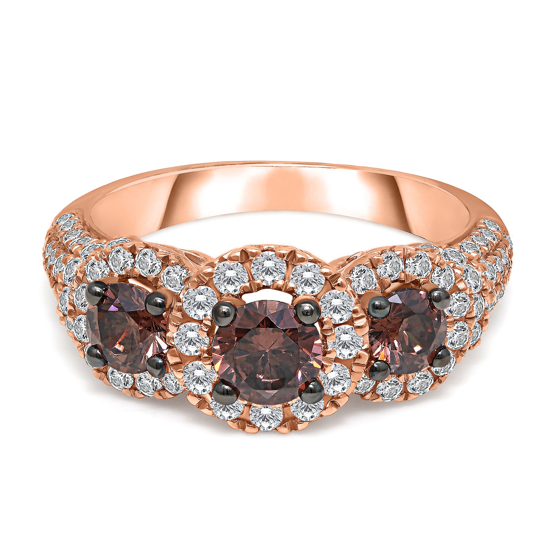 Champagne Diamond Three-Stone Halo Ring in 14K Rose Gold (2 ct. tw.)