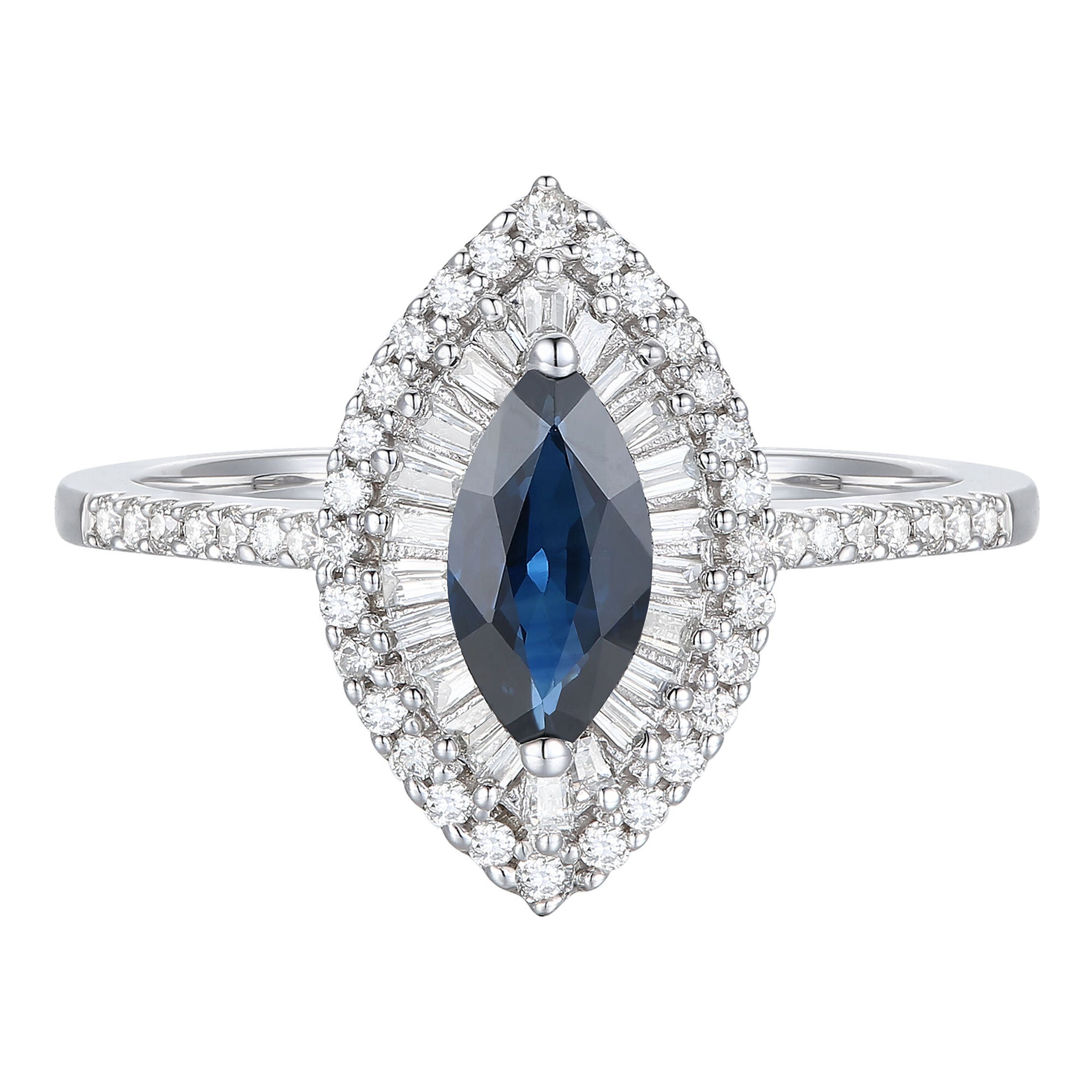 Blue Sapphire and Diamond Double Halo Ring in 10K White Gold (1/3 ct. tw.)