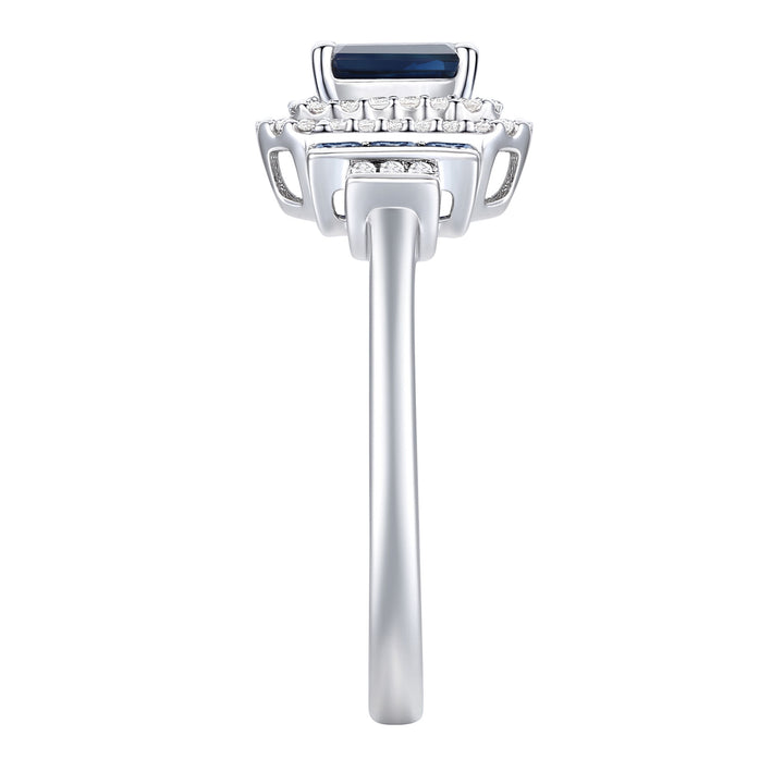 Blue Sapphire and Diamond Double Halo Ring in 10K White Gold (1/5 ct. tw.)