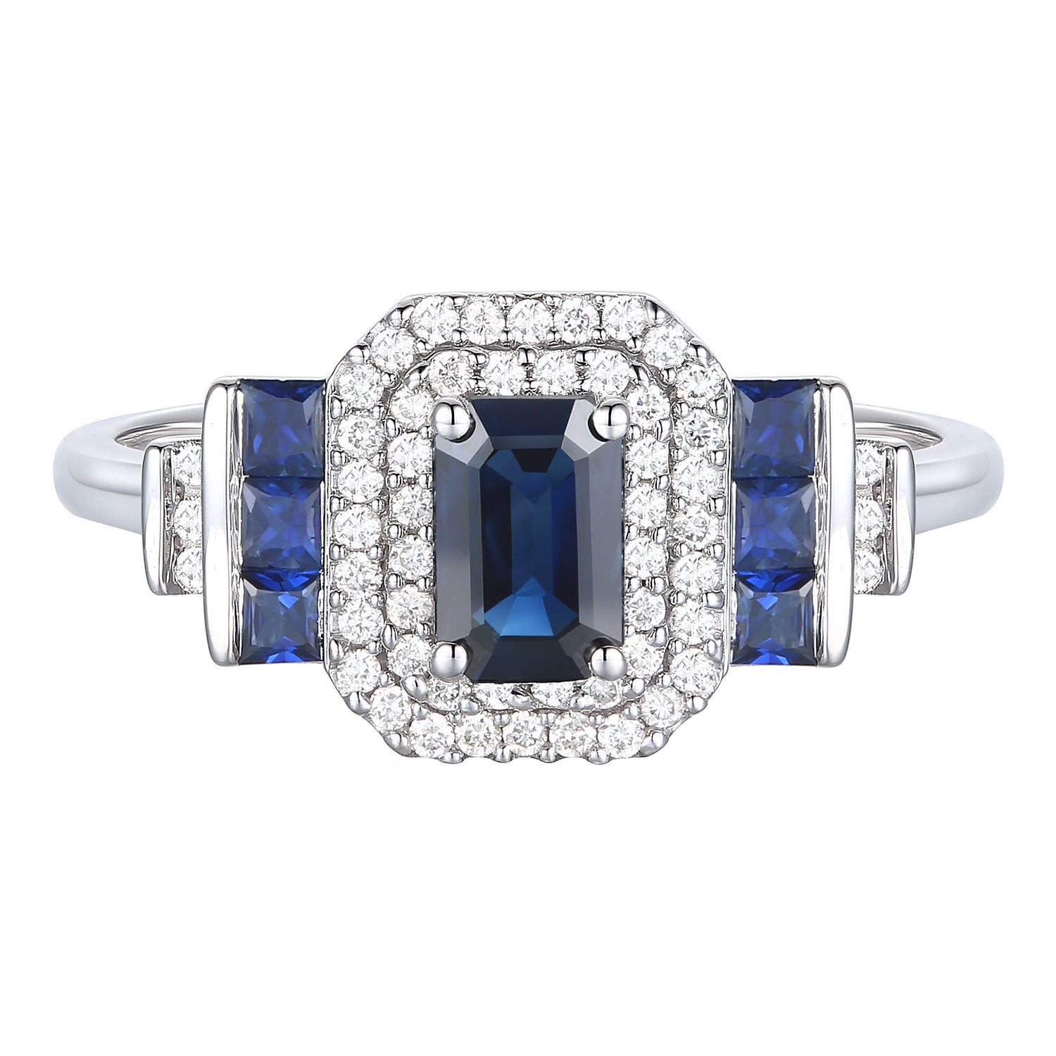 Blue Sapphire and Diamond Double Halo Ring in 10K White Gold (1/5 ct. tw.)