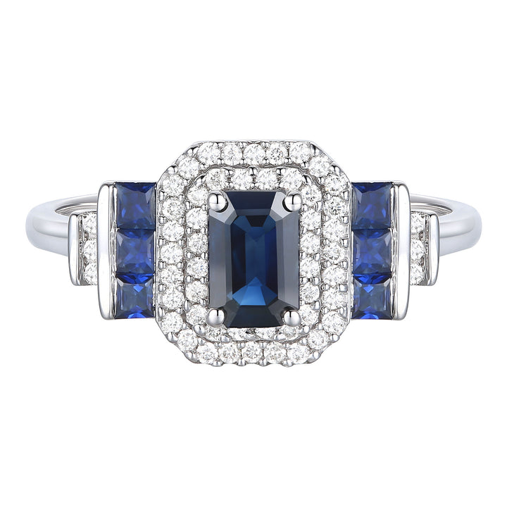 Blue Sapphire and Diamond Double Halo Ring in 10K White Gold (1/5 ct. tw.)