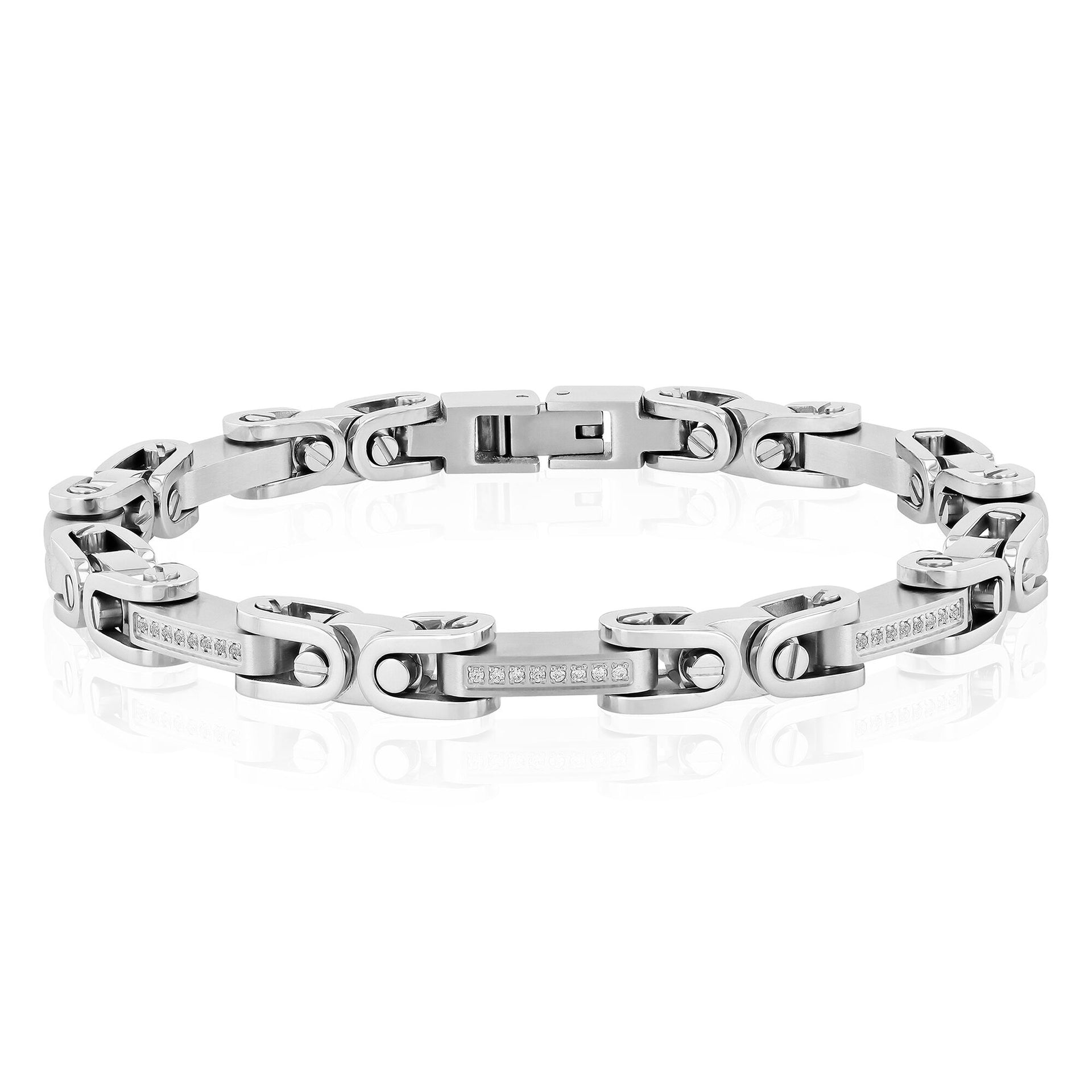 Link Bracelet with Diamond Accents in Stainless Steel, 8.75” (1/4 ct. tw.)