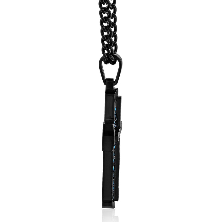 Cross Pendant with Black Diamond Accents in Black and Blue Ion-Plated Stainless Steel (1/4 ct. tw.)