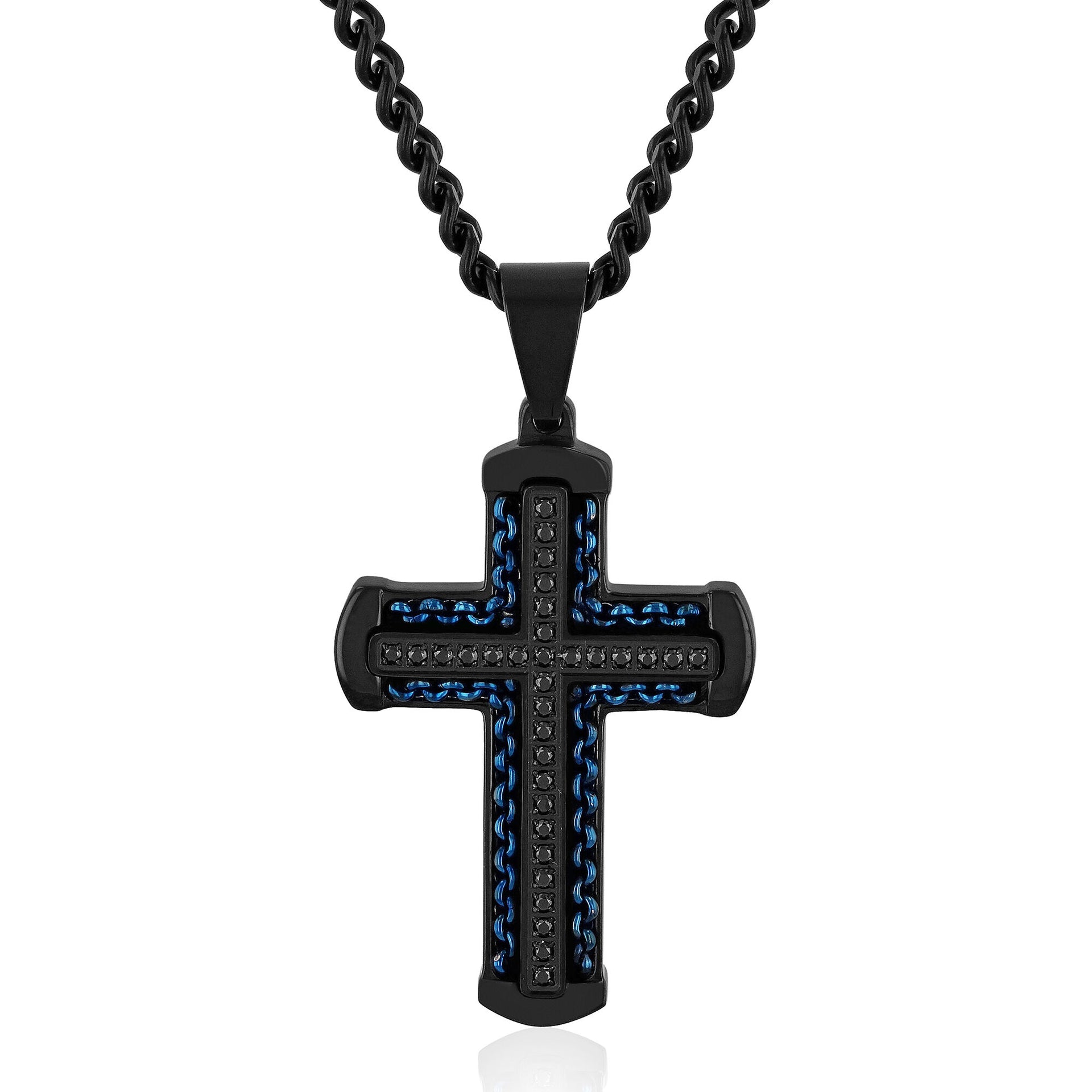 Cross Pendant with Black Diamond Accents in Black and Blue Ion-Plated Stainless Steel (1/4 ct. tw.)