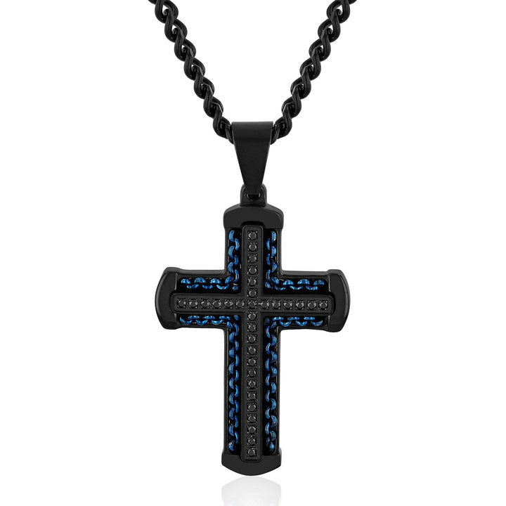 Cross Pendant with Black Diamond Accents in Black and Blue Ion-Plated Stainless Steel (1/4 ct. tw.)