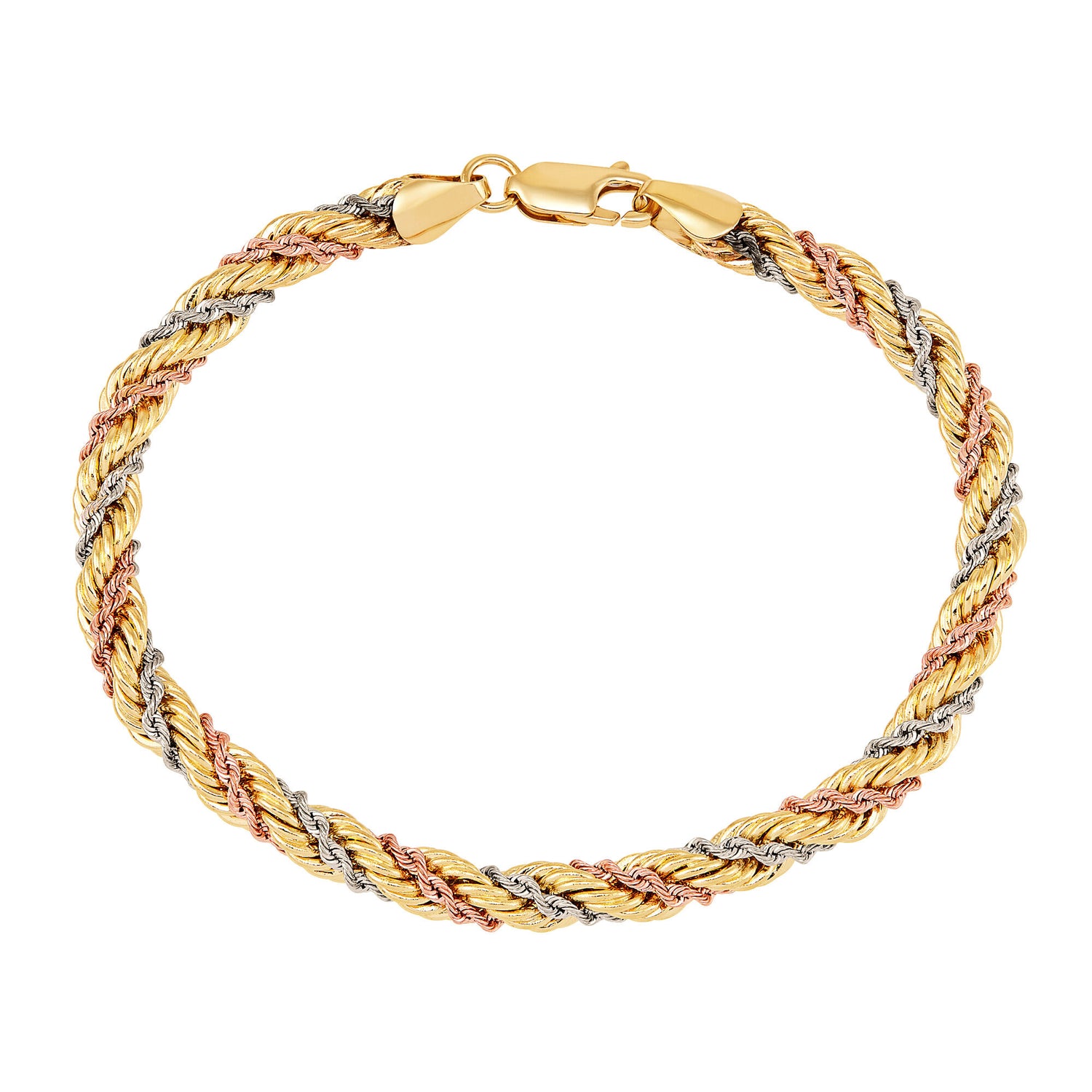 Tri-Tone Twisted Rope Chain Bracelet in 10K White, Rose and Yellow Gold