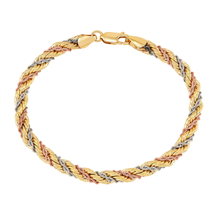 Tri-Tone Twisted Rope Chain Bracelet in 10K White, Rose and Yellow Gold