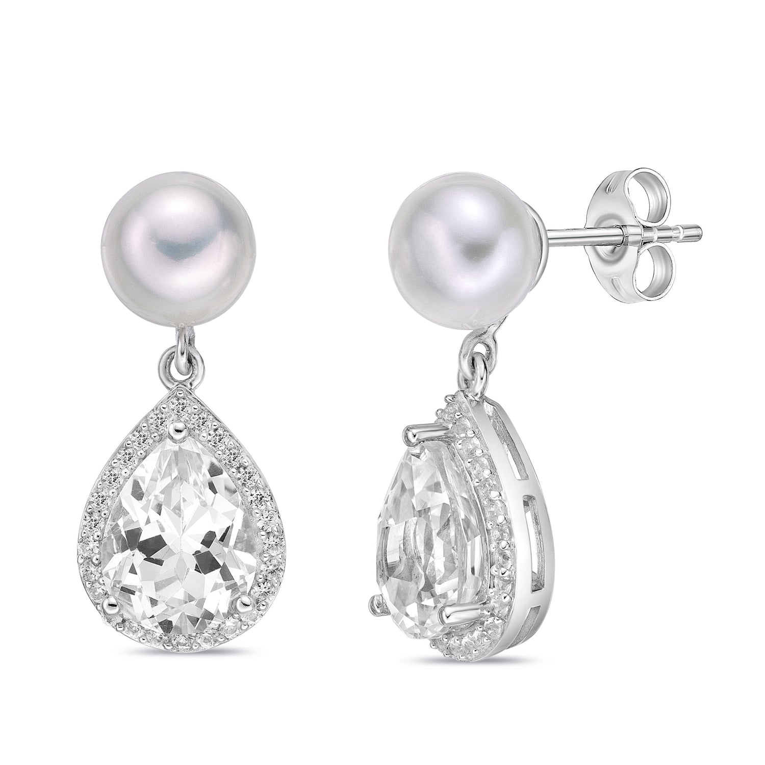 Fresh Water Cultured Pearl Drop Earrings with Lab-Created White Sapphire in Sterling Silver