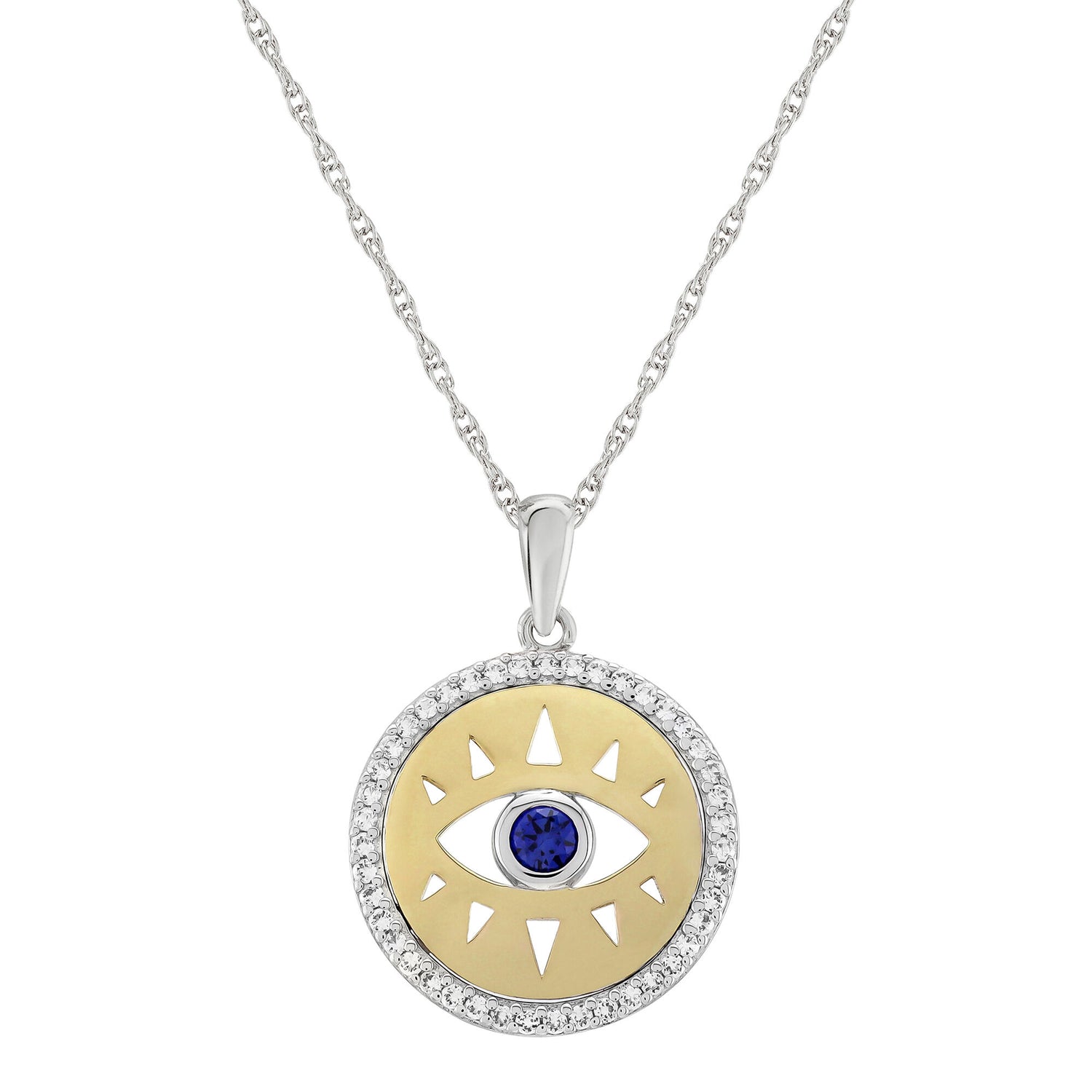 Lab-Created White Sapphire Evil Eye Pendant in Sterling Silver and 10K Yellow Gold