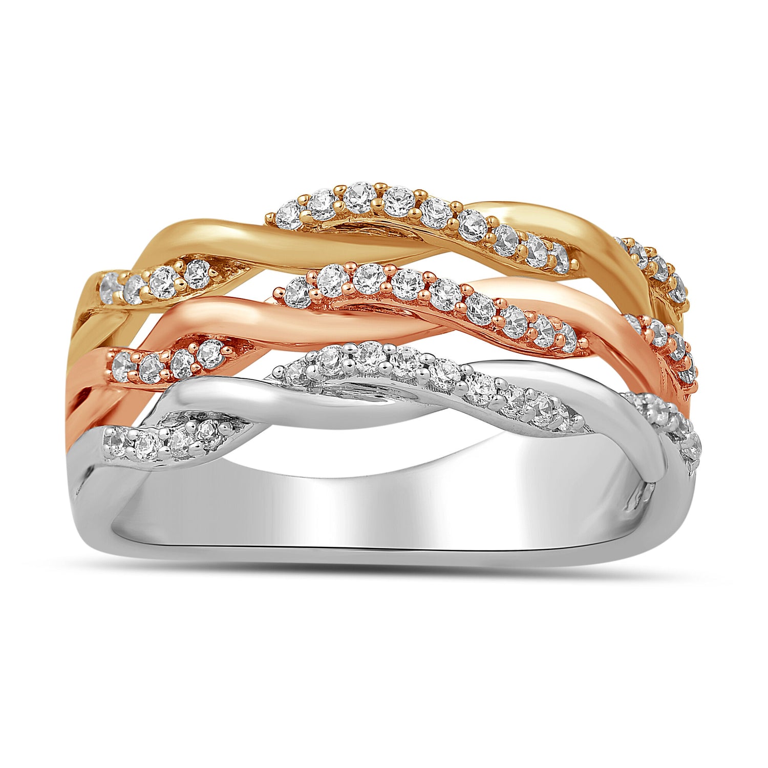 Diamond Three-Row Twist Band in Sterling Silver and 10K Rose and Yellow Gold (1/3 ct. tw.)