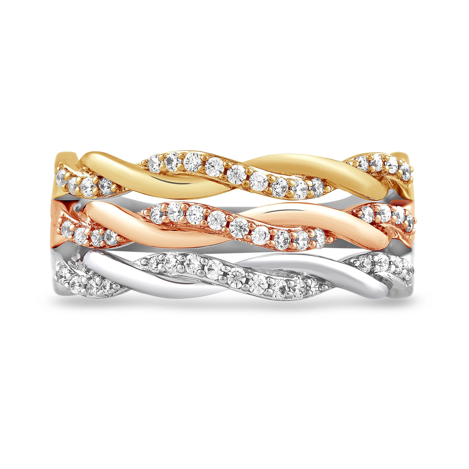 Diamond Three-Row Twist Band in Sterling Silver and 10K Rose and Yellow Gold (1/3 ct. tw.)