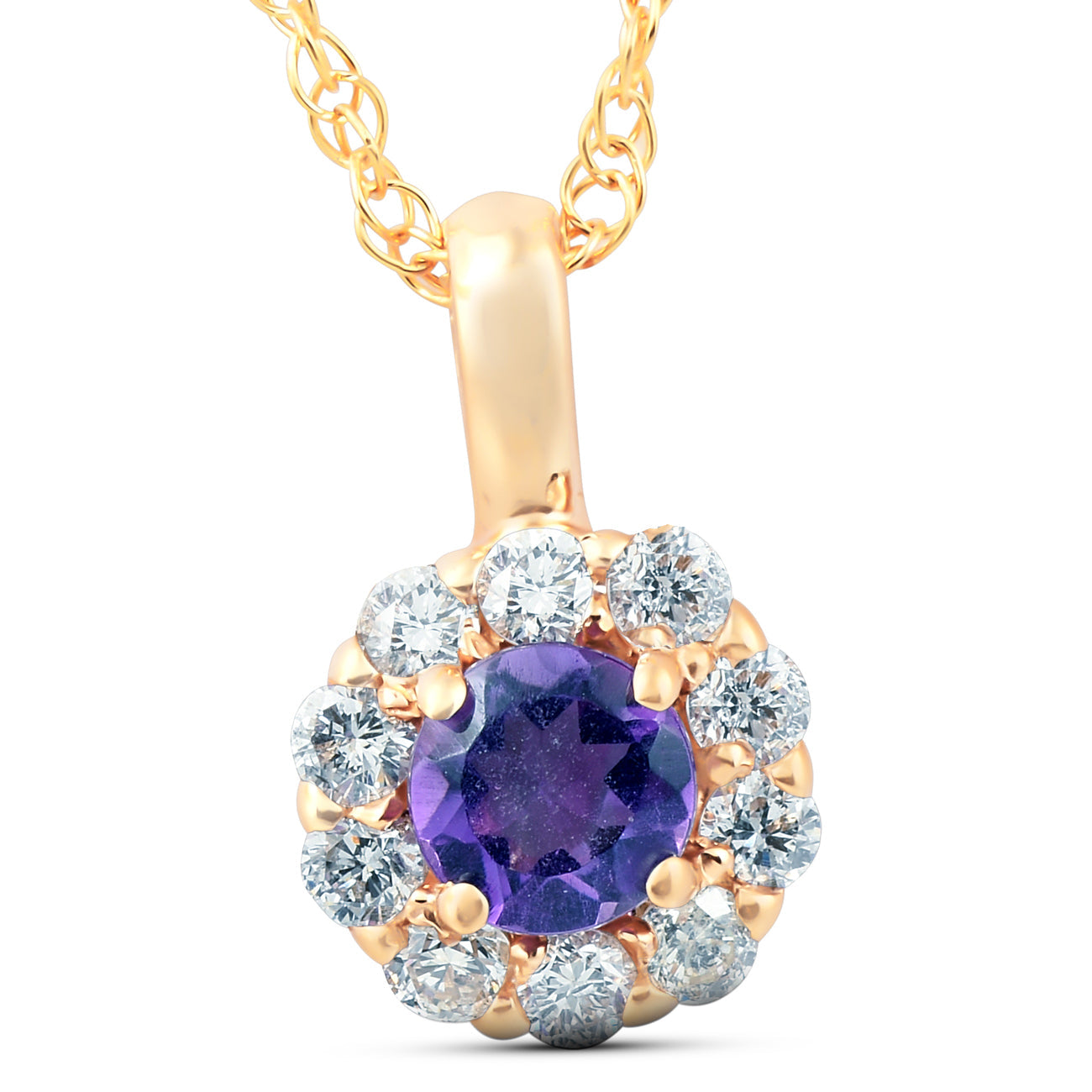 1/2 Ct Diamond & Genuine Amethyst Halo Pendant 14k Yellow Gold Women's Necklace