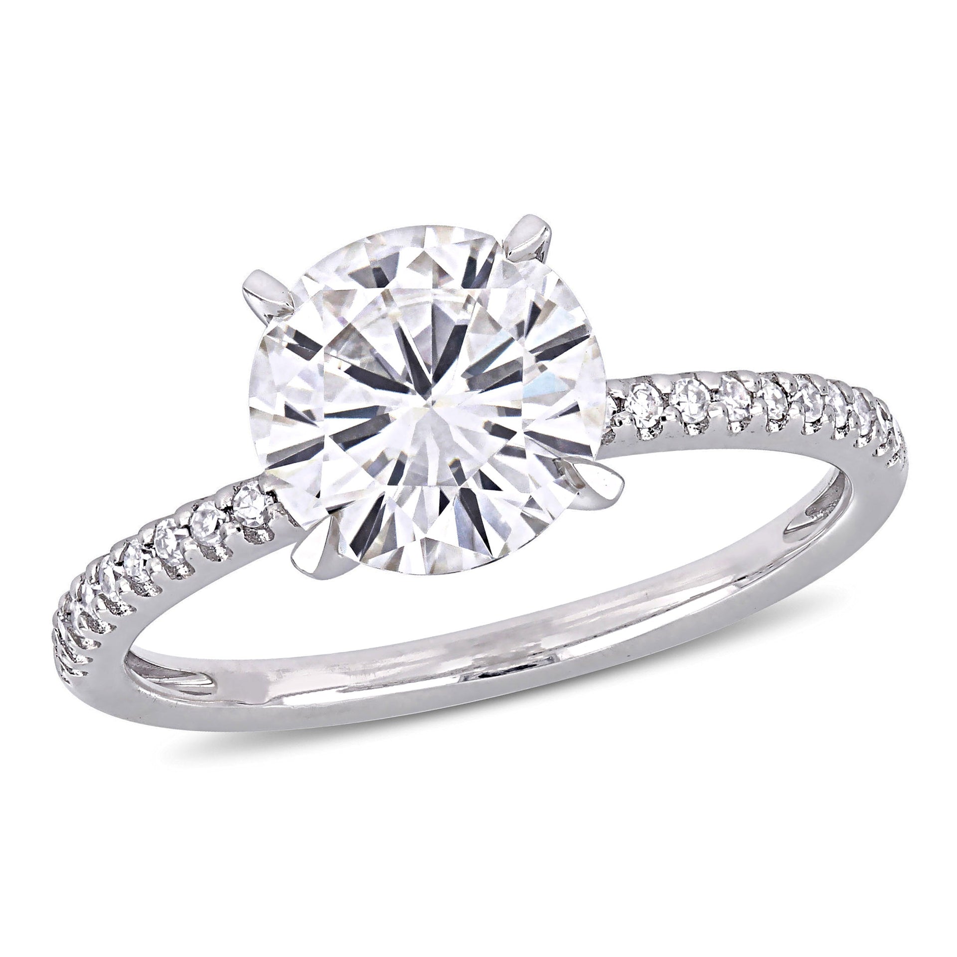Mimi & Max 2ct DEW Created Moissanite and 1/10ct TW Diamond Engagement Ring in 14k White Gold