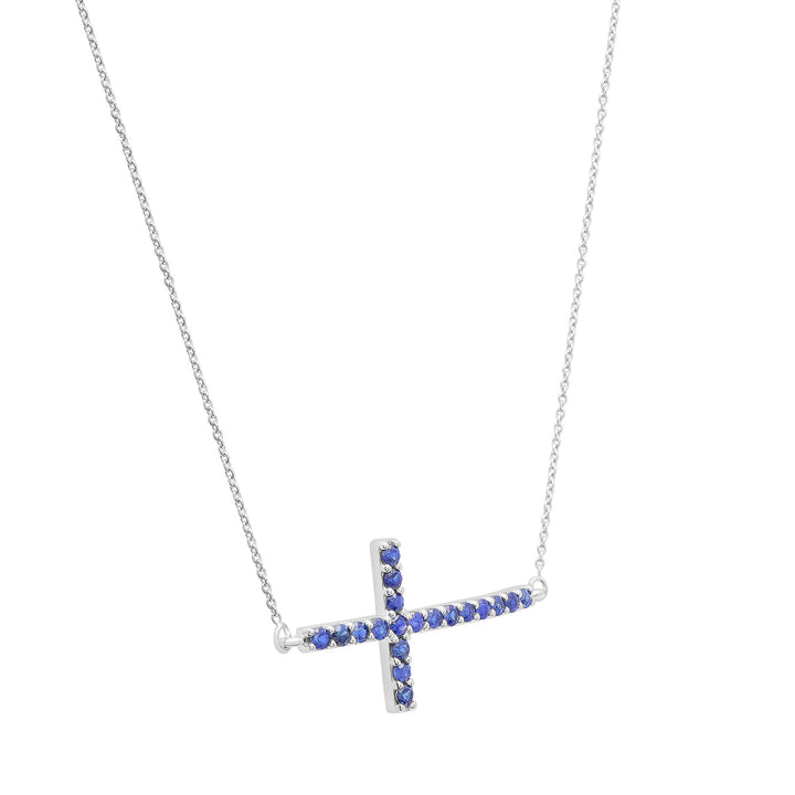 Blue Sapphire Cross Pendant in 14K White Gold