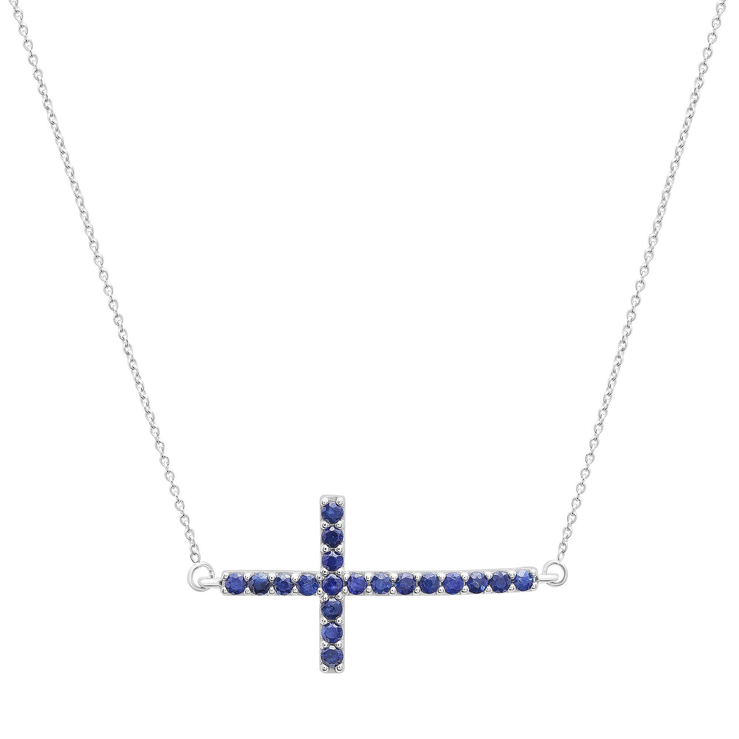 Blue Sapphire Cross Pendant in 14K White Gold