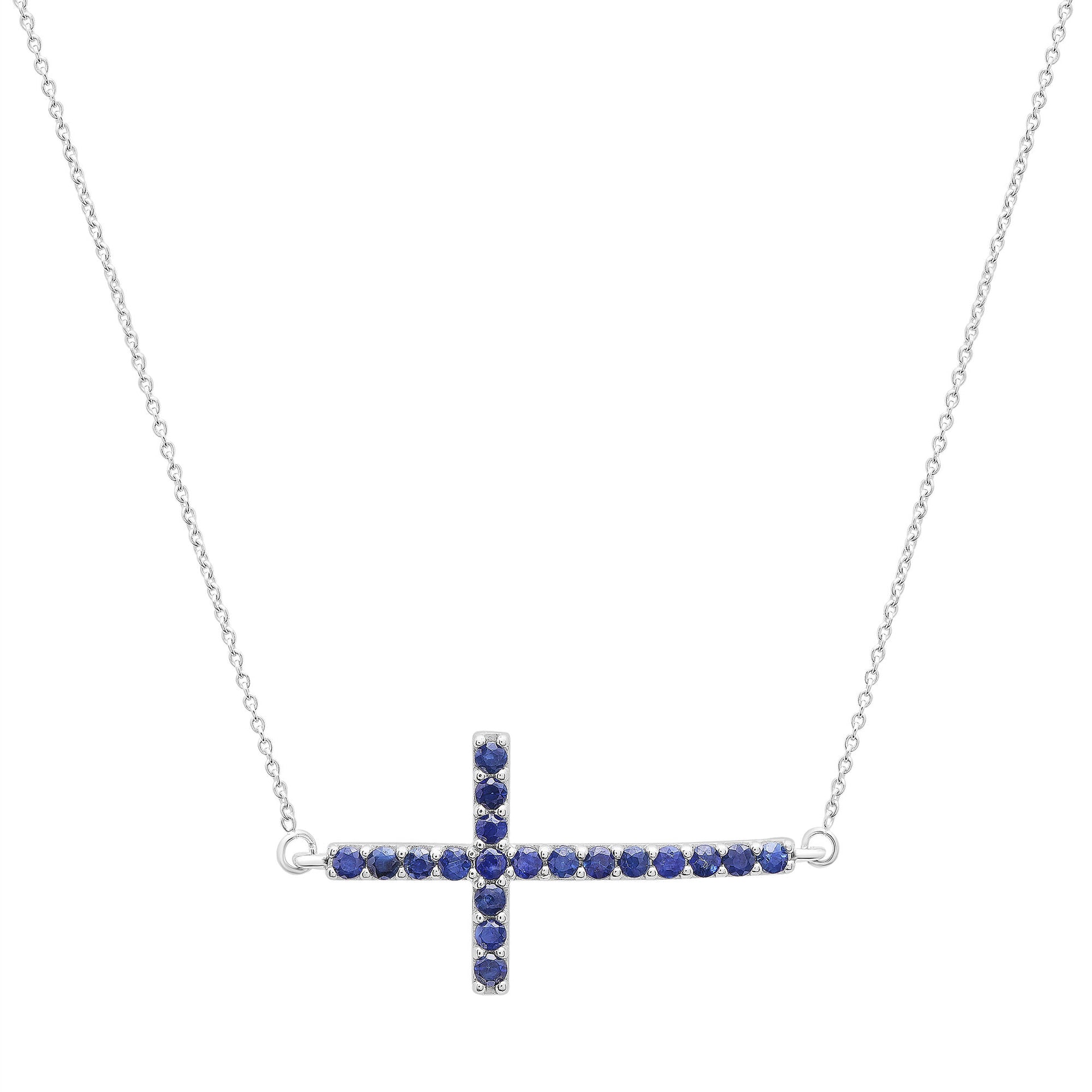 Blue Sapphire Cross Pendant in 14K White Gold
