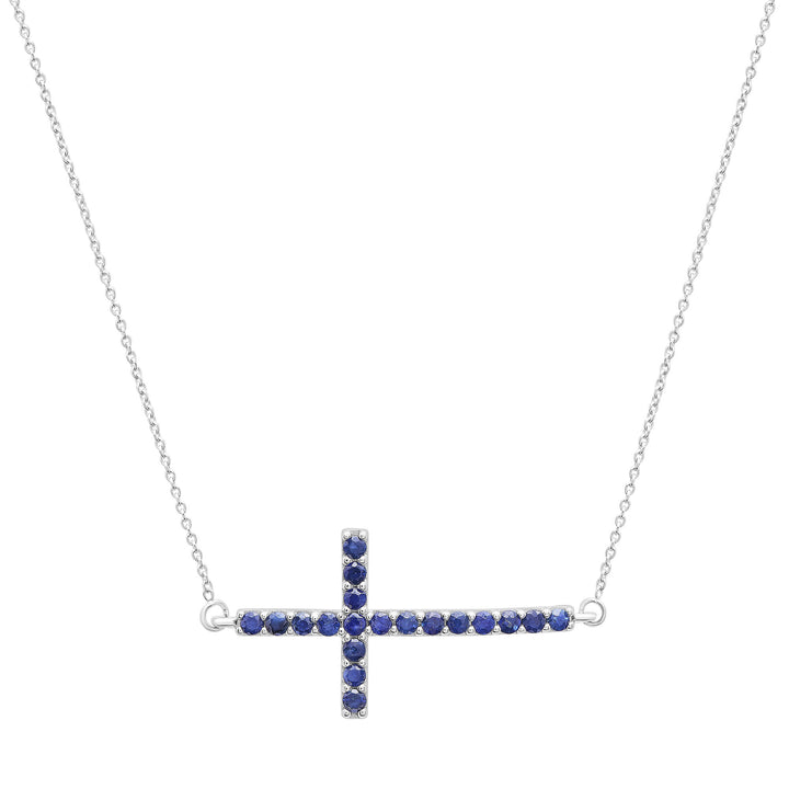 Blue Sapphire Cross Pendant in 14K White Gold