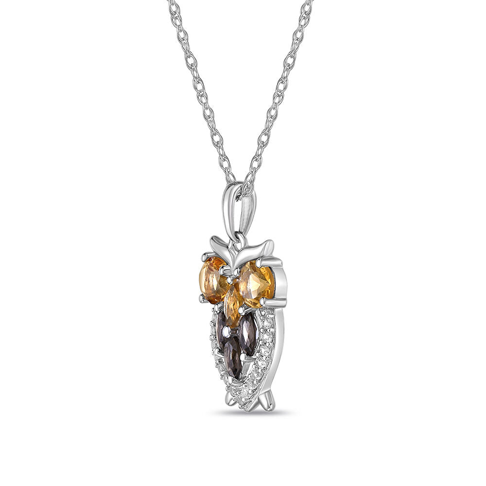 Owl Pendant with Smokey Quartz, Citrines, and White Sapphires in Sterling Silver