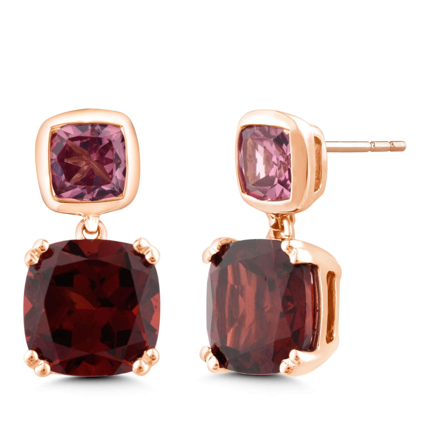 Garnet and Rhodolite Drop Earrings in 10K Rose Gold