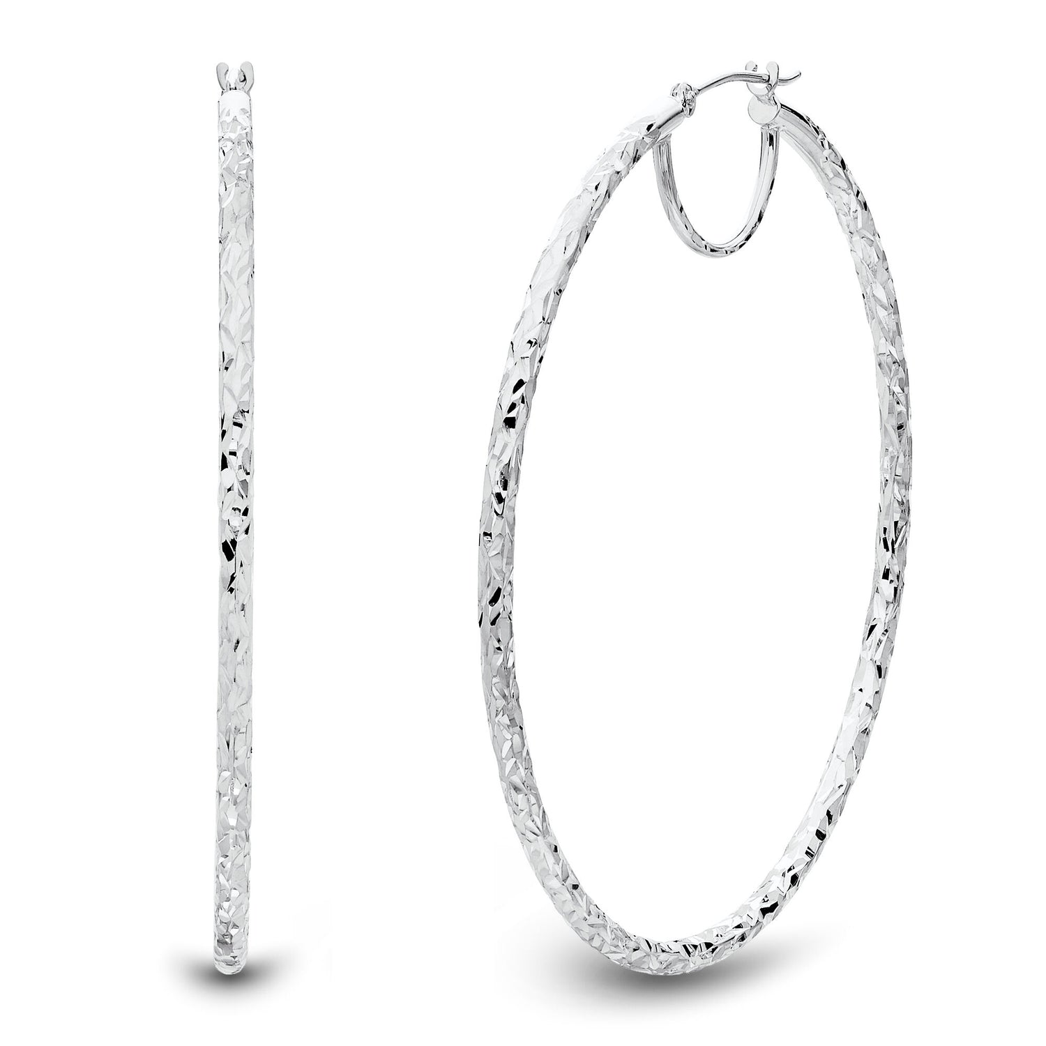 Large Hoop Earrings with Diamond Cut in 14K White Gold