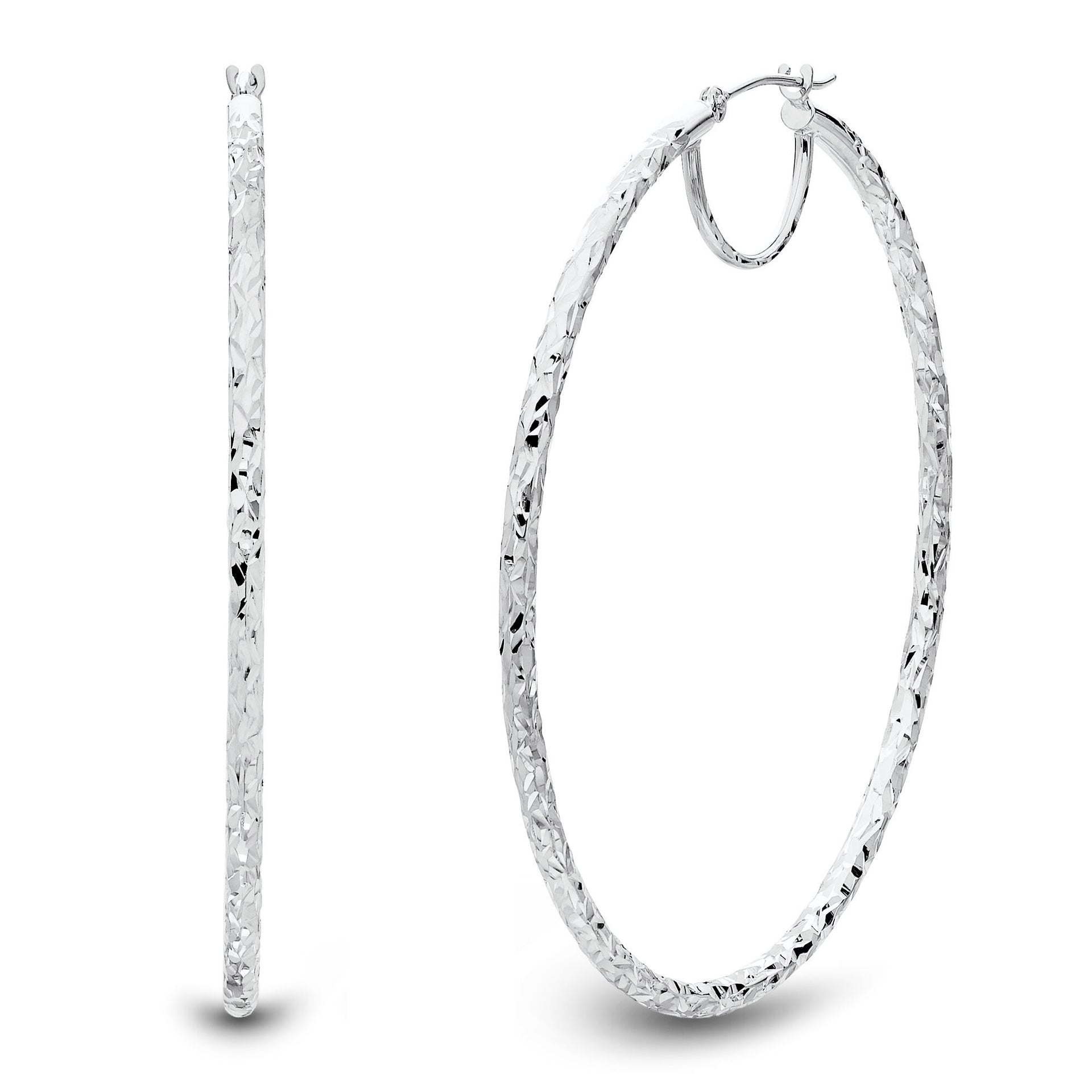 Large Hoop Earrings with Diamond Cut in 14K White Gold