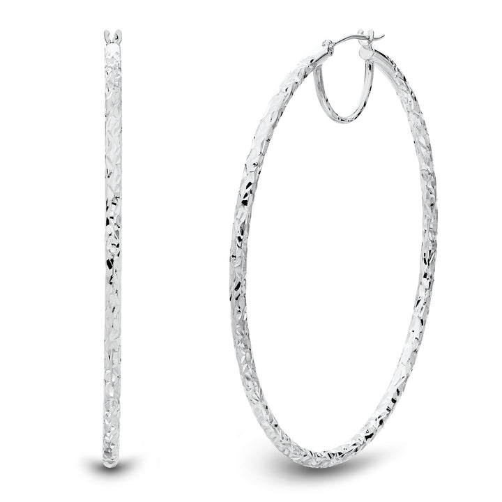 Large Hoop Earrings with Diamond Cut in 14K White Gold