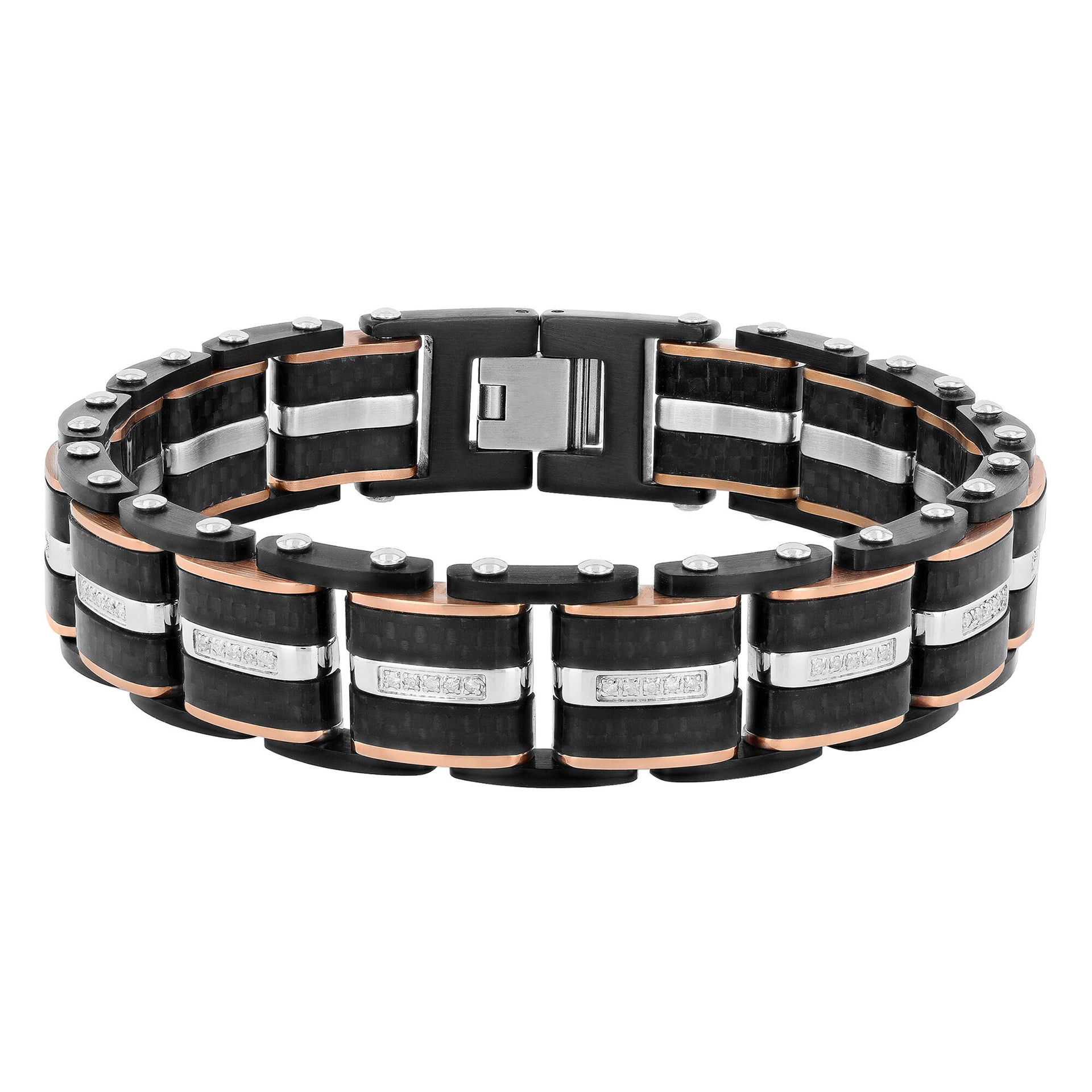 Diamond Link Bracelet in Ion-Plated Stainless Steel and Carbon Fiber, 15MM, 8.5” (1/3 ct. tw.)