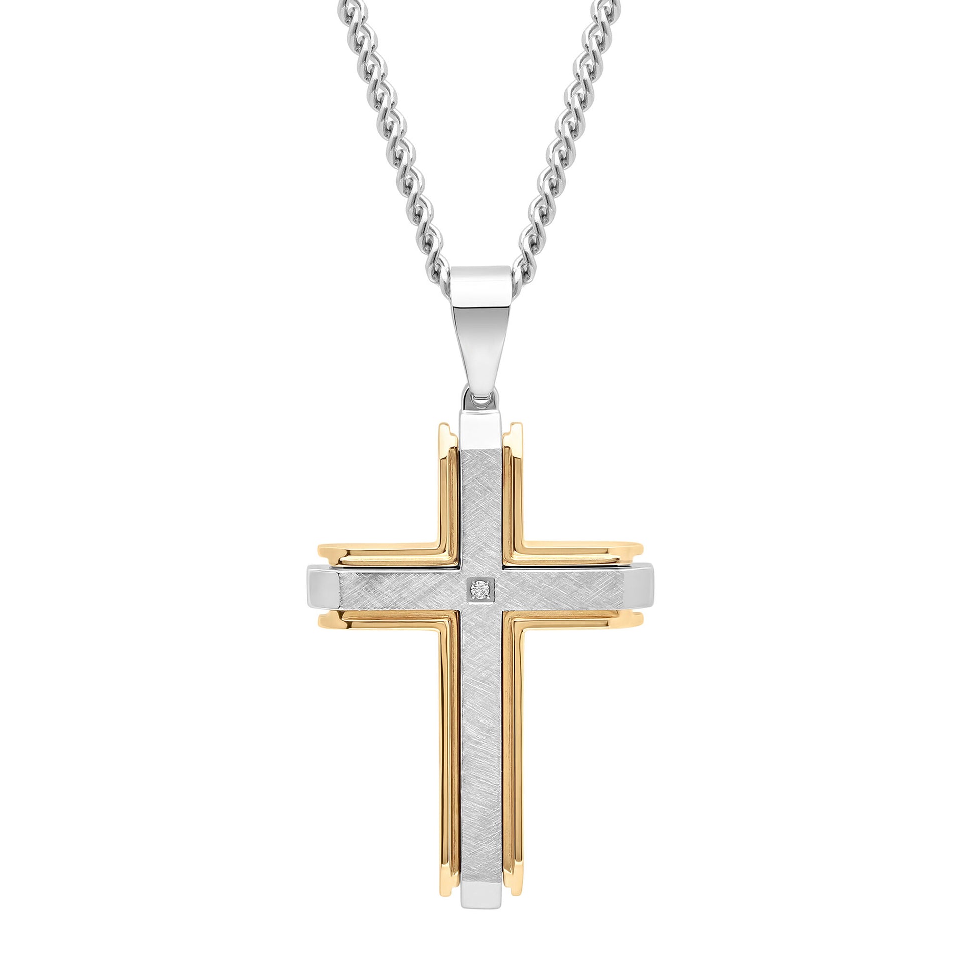 Cross Pendant with Diamond Accent in Stainless Steel and Yellow Ion-Plated Stainless Steel
