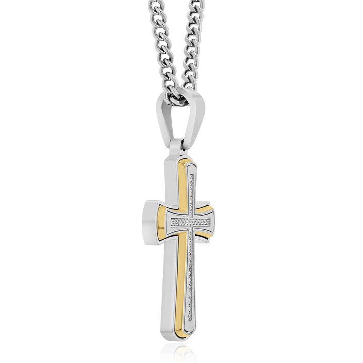 Diamond Cross Pendant in Stainless Steel and Yellow Ion-Plated Stainless Steel