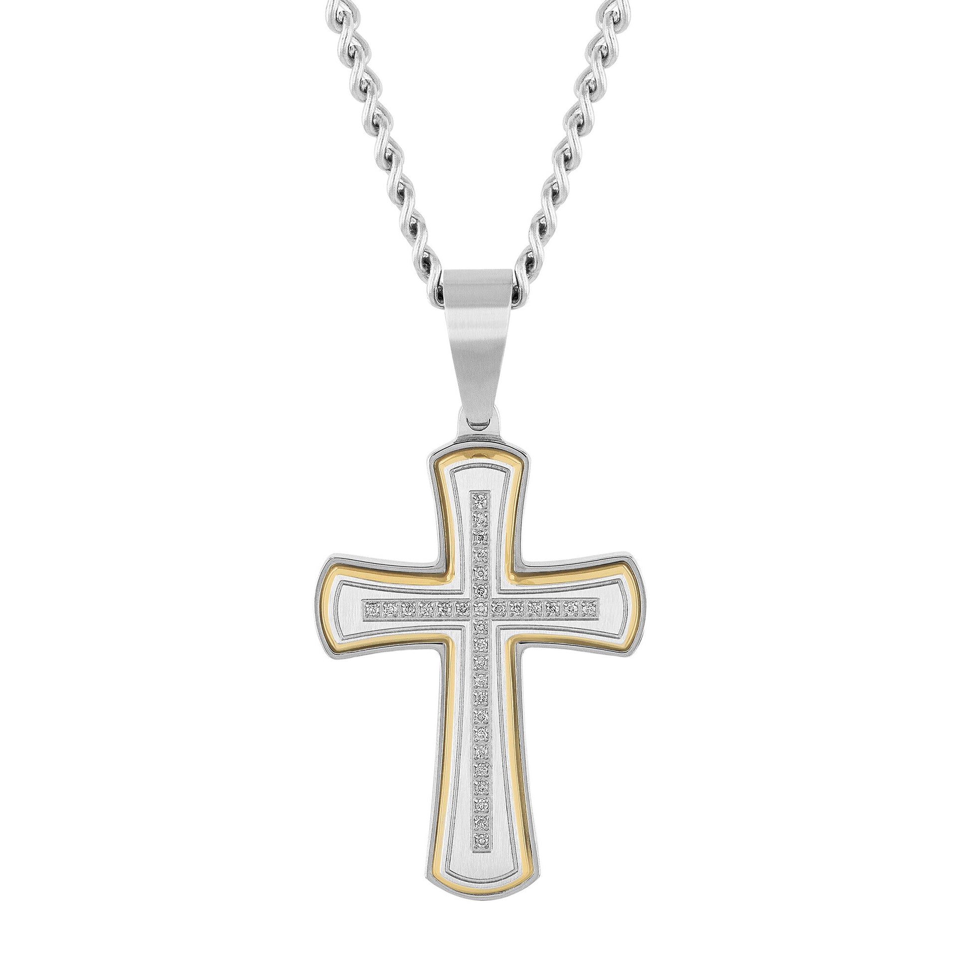 Diamond Cross Pendant in Stainless Steel and Yellow Ion-Plated Stainless Steel