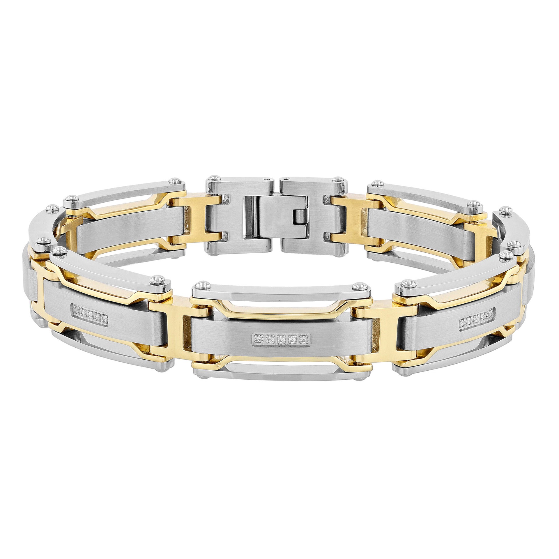Diamond Link Bracelet in Stainless Steel and Yellow Ion-Plated Stainless Steel, 8.5” (1/7 ct. tw.)