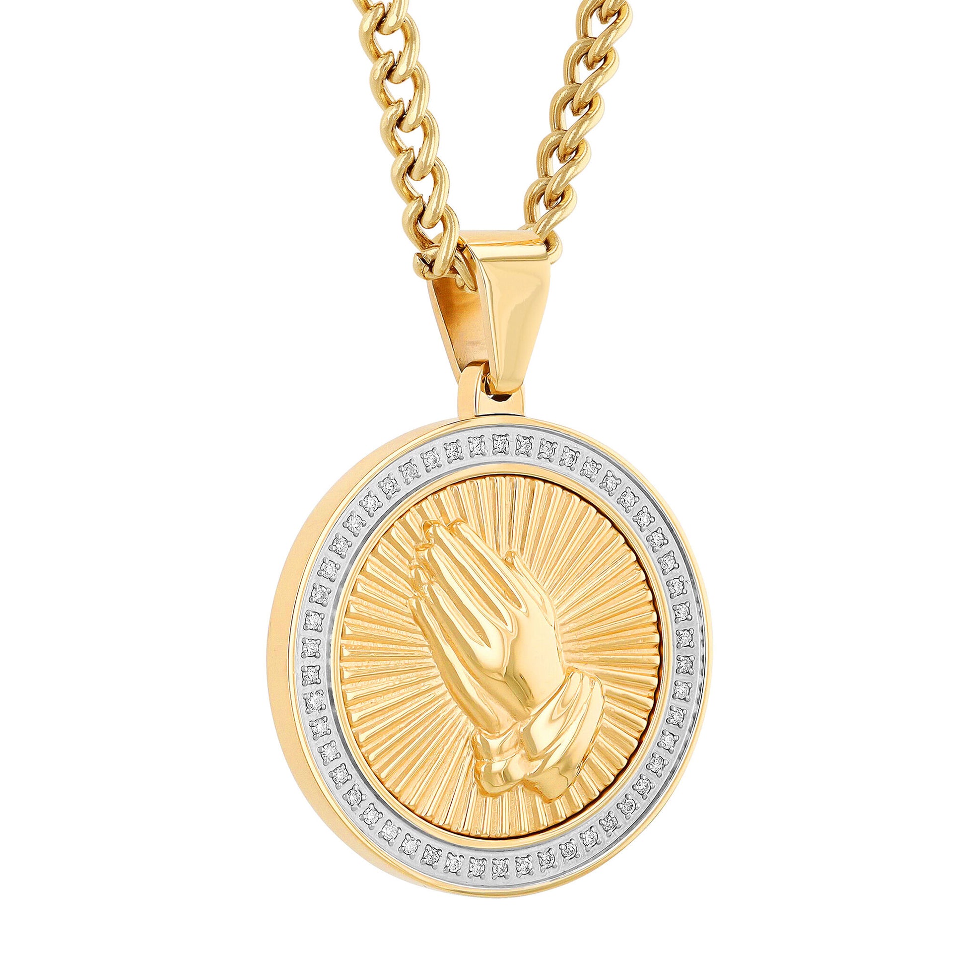 Praying Hands Medallion in Yellow Gold-Tone Ion-Plated Stainless Steel (1/4 ct. tw.)