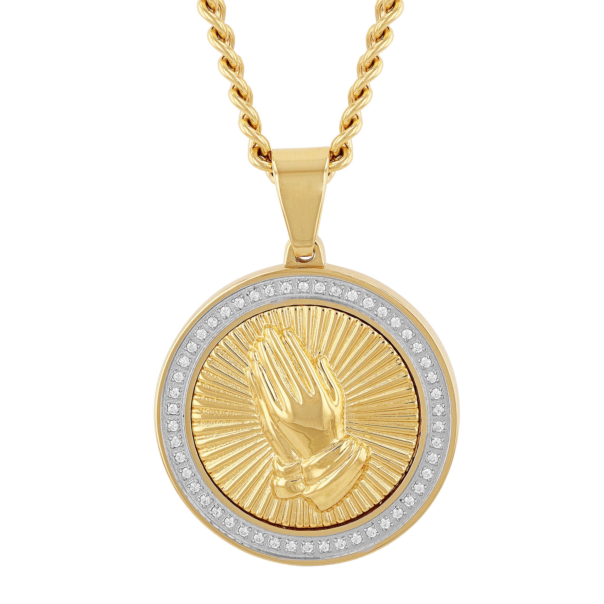Praying Hands Medallion in Yellow Gold-Tone Ion-Plated Stainless Steel (1/4 ct. tw.)