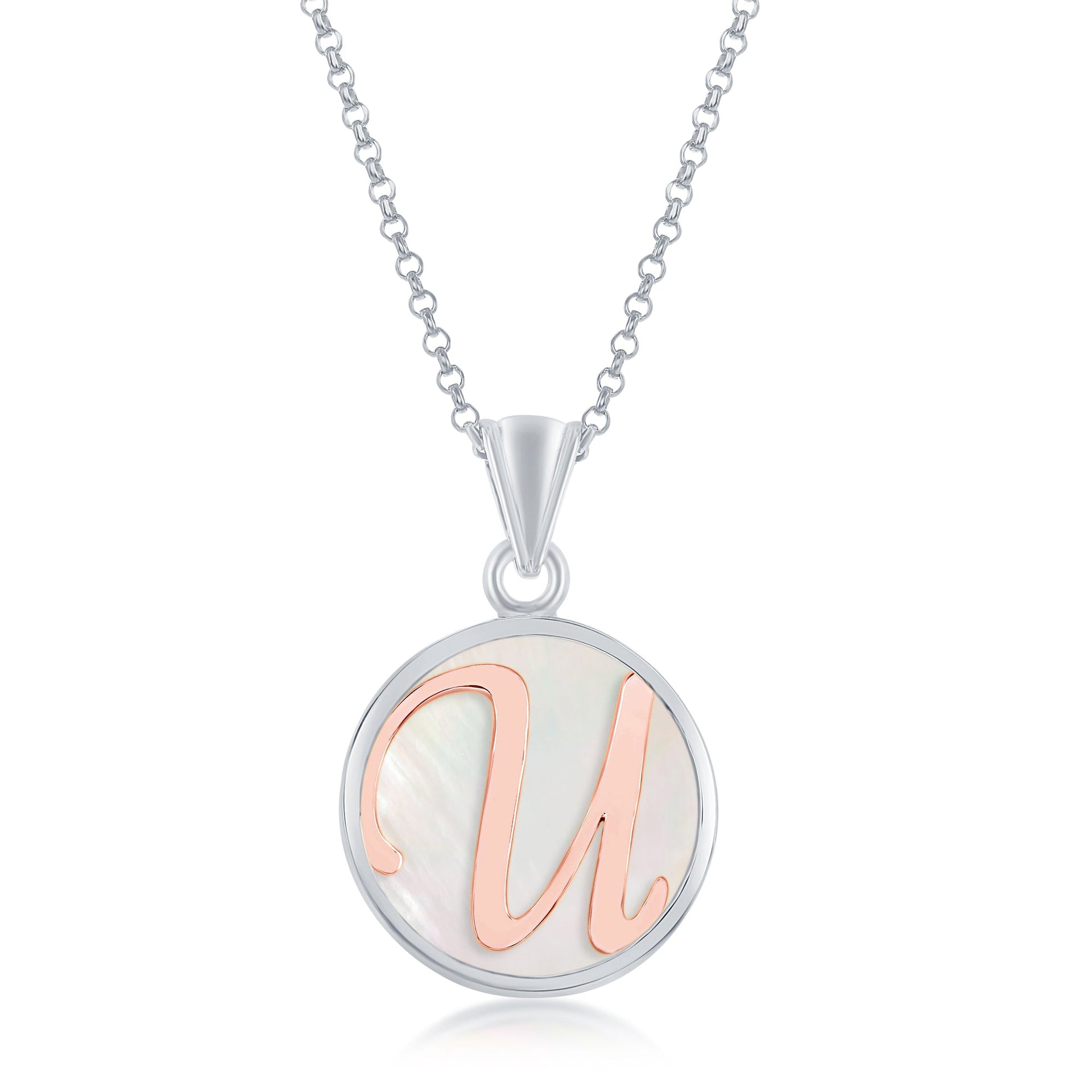 Sterling Silver MOP Pendant, Rose Gold Script Initial W/Chain