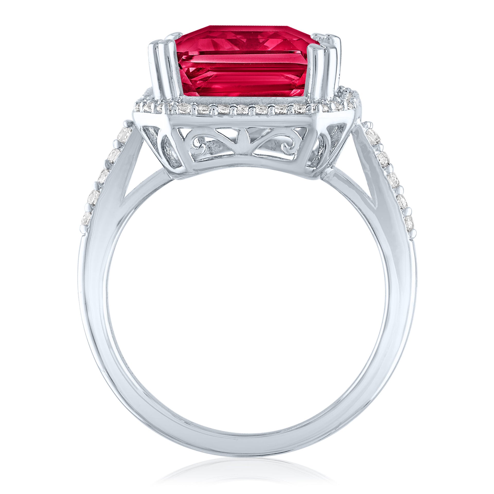 Lab-Created Ruby and Lab-Created White Sapphire Halo Cocktail Ring in Sterling Silver