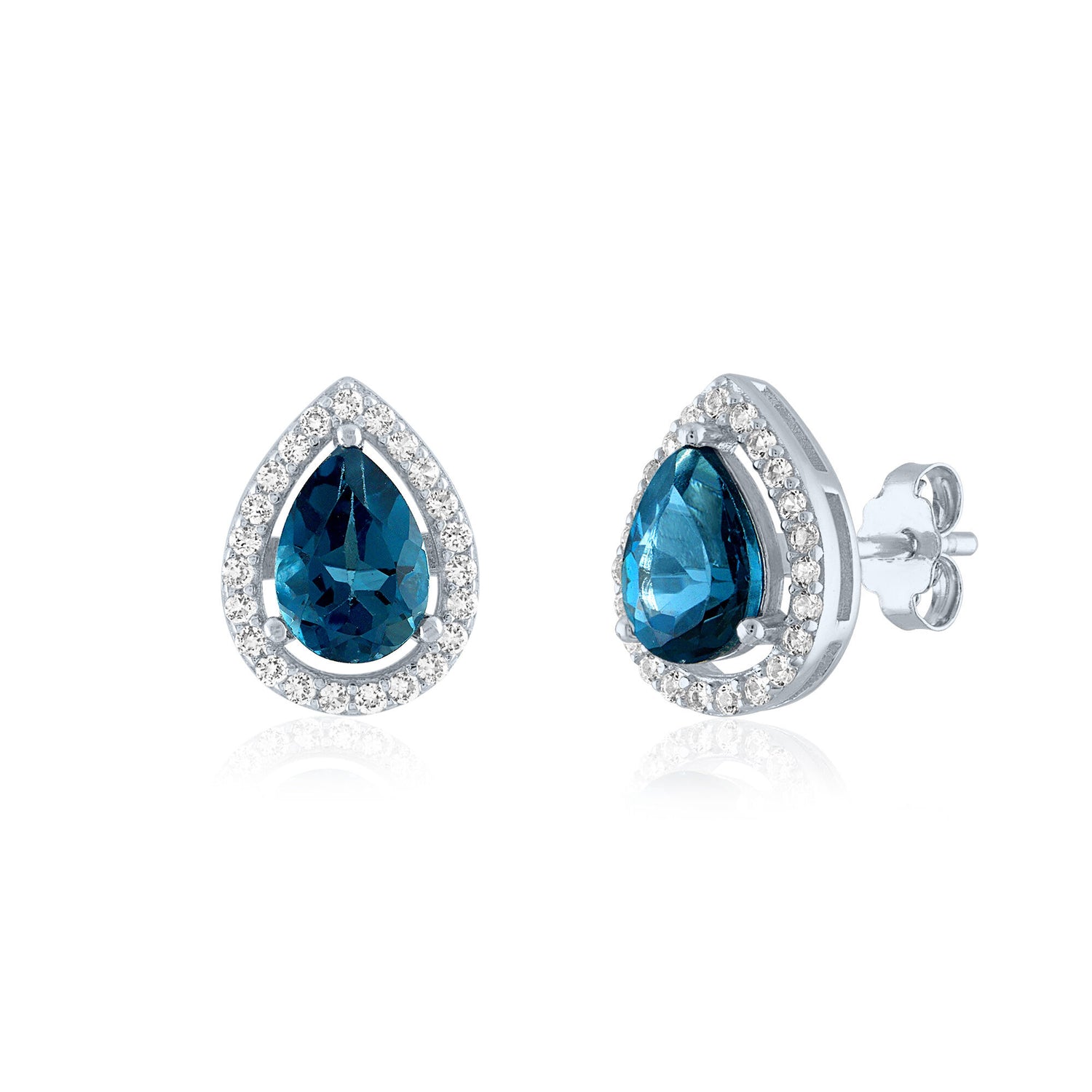 Pear-Shaped London Blue Topaz and Lab-Created White Sapphire Halo Stud Earrings in Sterling Silver