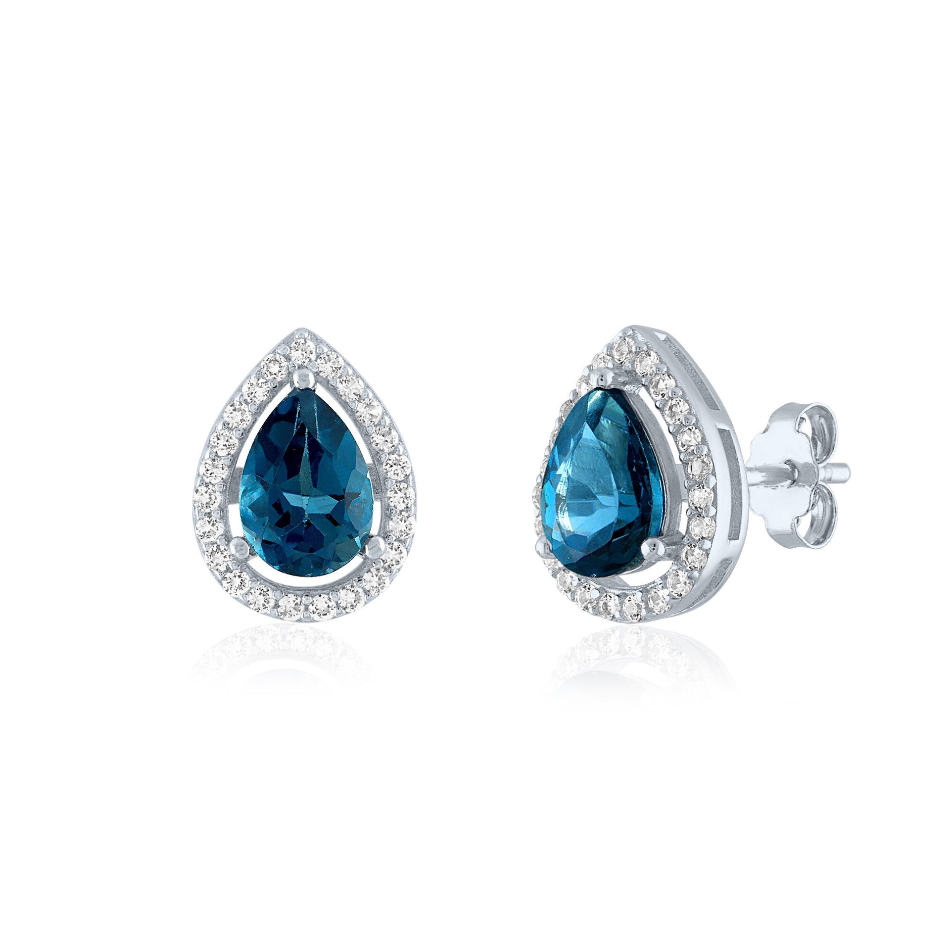 Pear-Shaped London Blue Topaz and Lab-Created White Sapphire Halo Stud Earrings in Sterling Silver