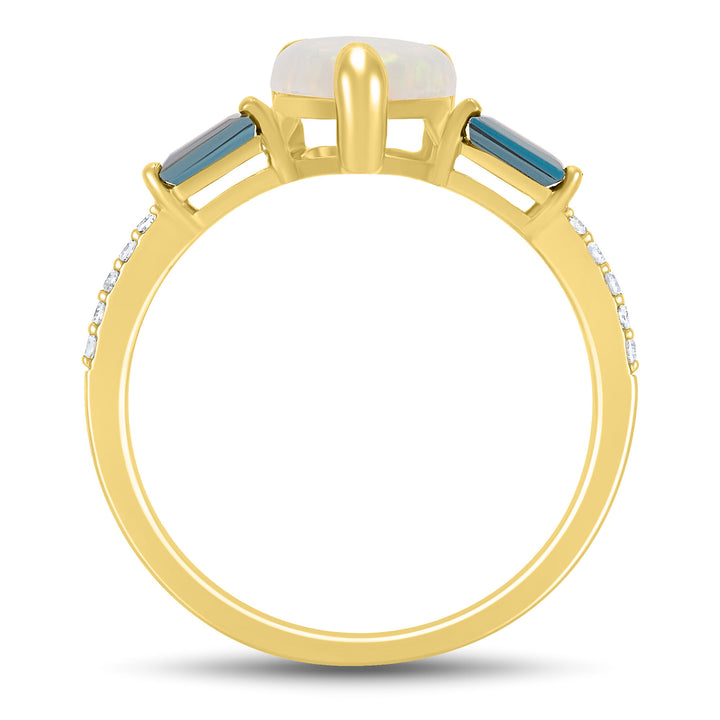 Pear-Shaped Lab-Created Opal, London Blue Topaz & Diamond Accent Ring in 10K Yellow Gold
