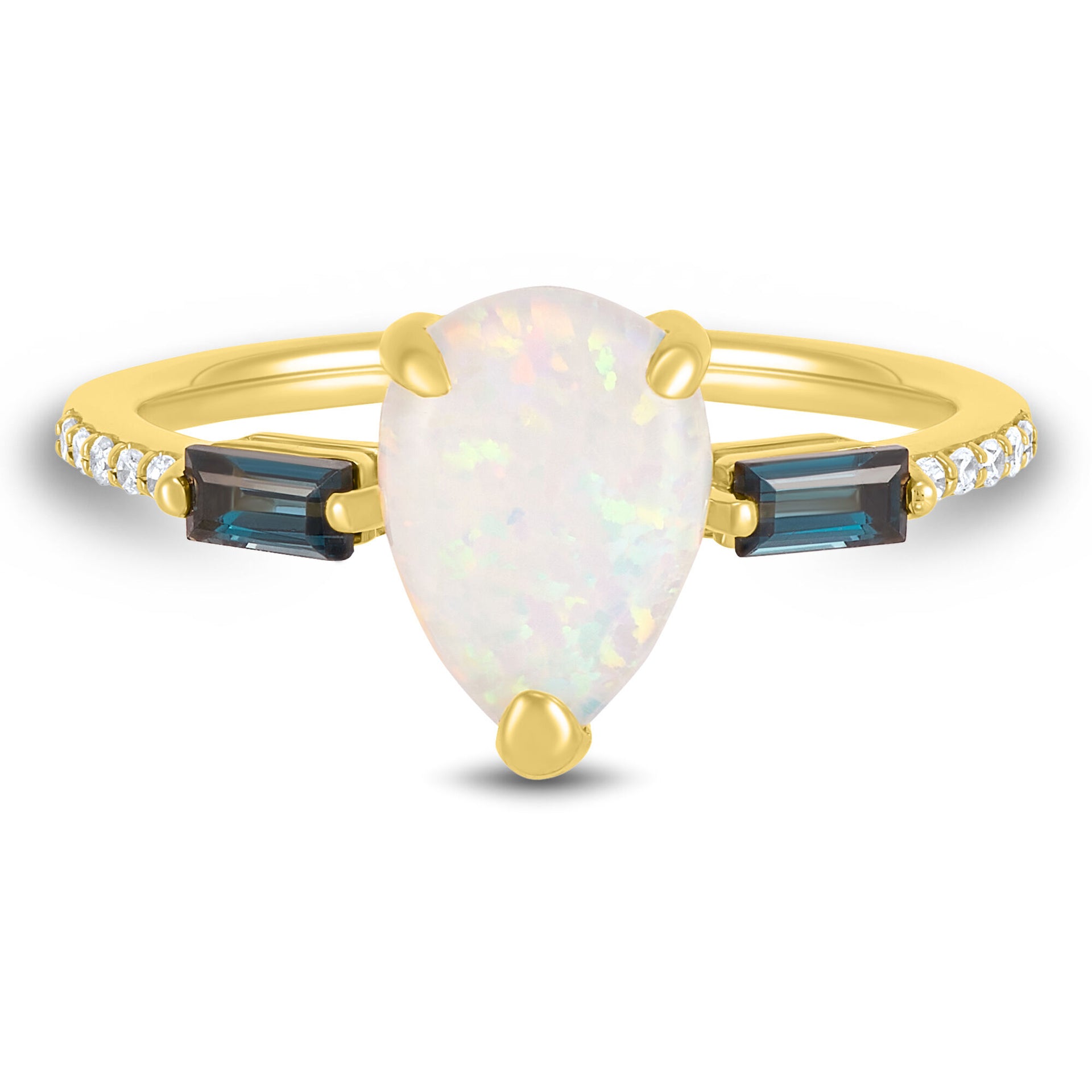 Pear-Shaped Lab-Created Opal, London Blue Topaz & Diamond Accent Ring in 10K Yellow Gold