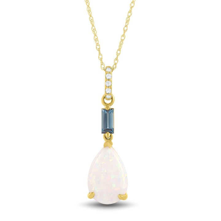 Pear-Shaped Lab-Created Opal Pendant with London Blue Topaz & Diamond Accents in 10K Yellow Gold