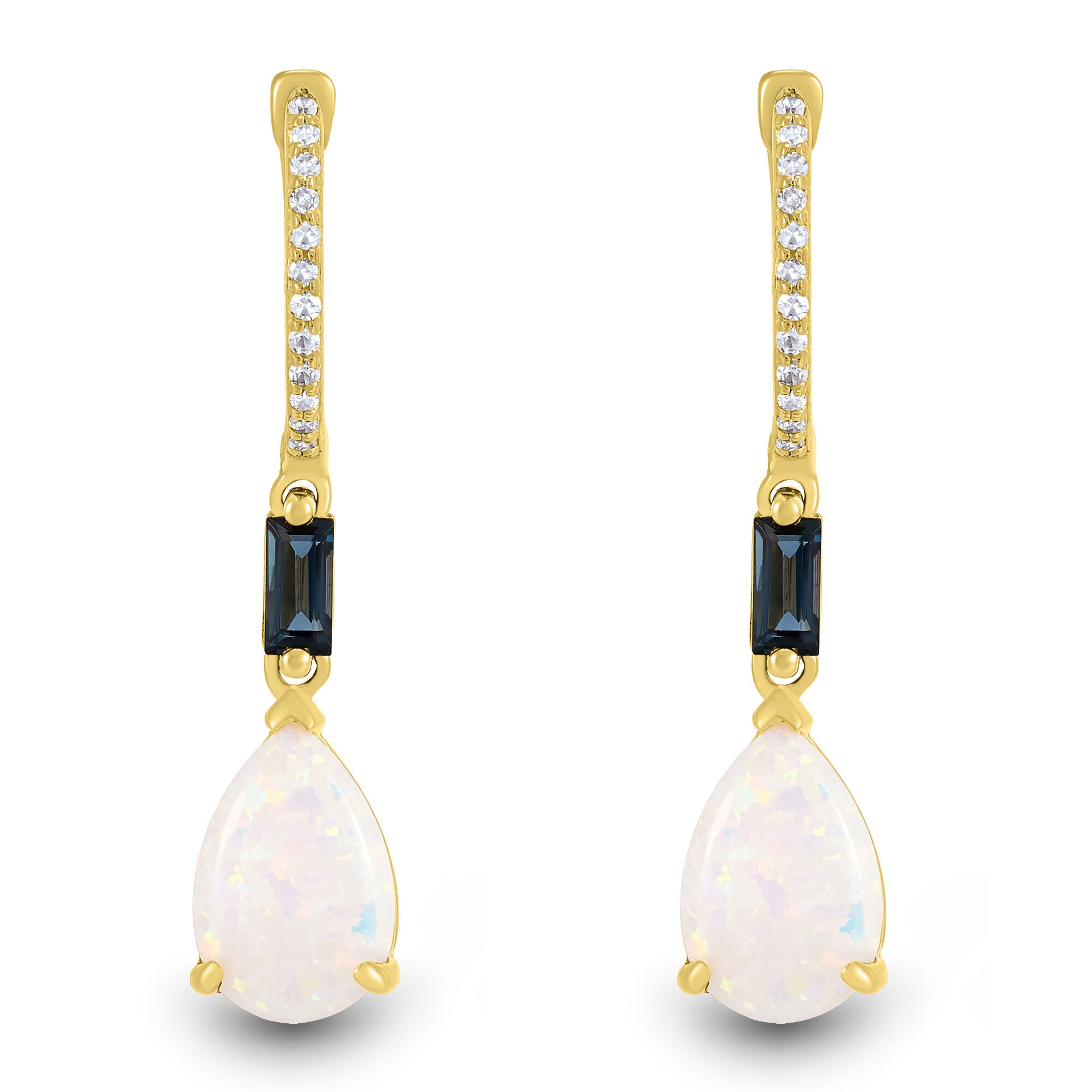 Lab-Created Opal, London Blue Topaz & Diamond Accent Drop Earrings in 10K Yellow Gold