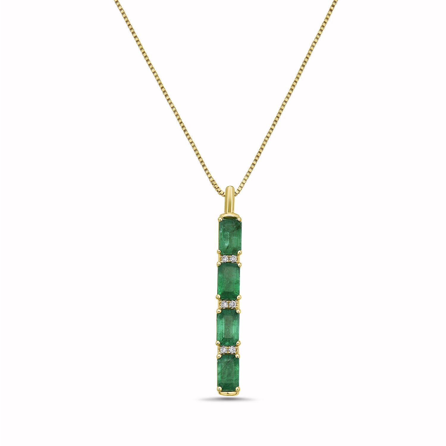 Emerald and Diamond Accent Vertical Bar Pendant in 14K Yellow Gold
