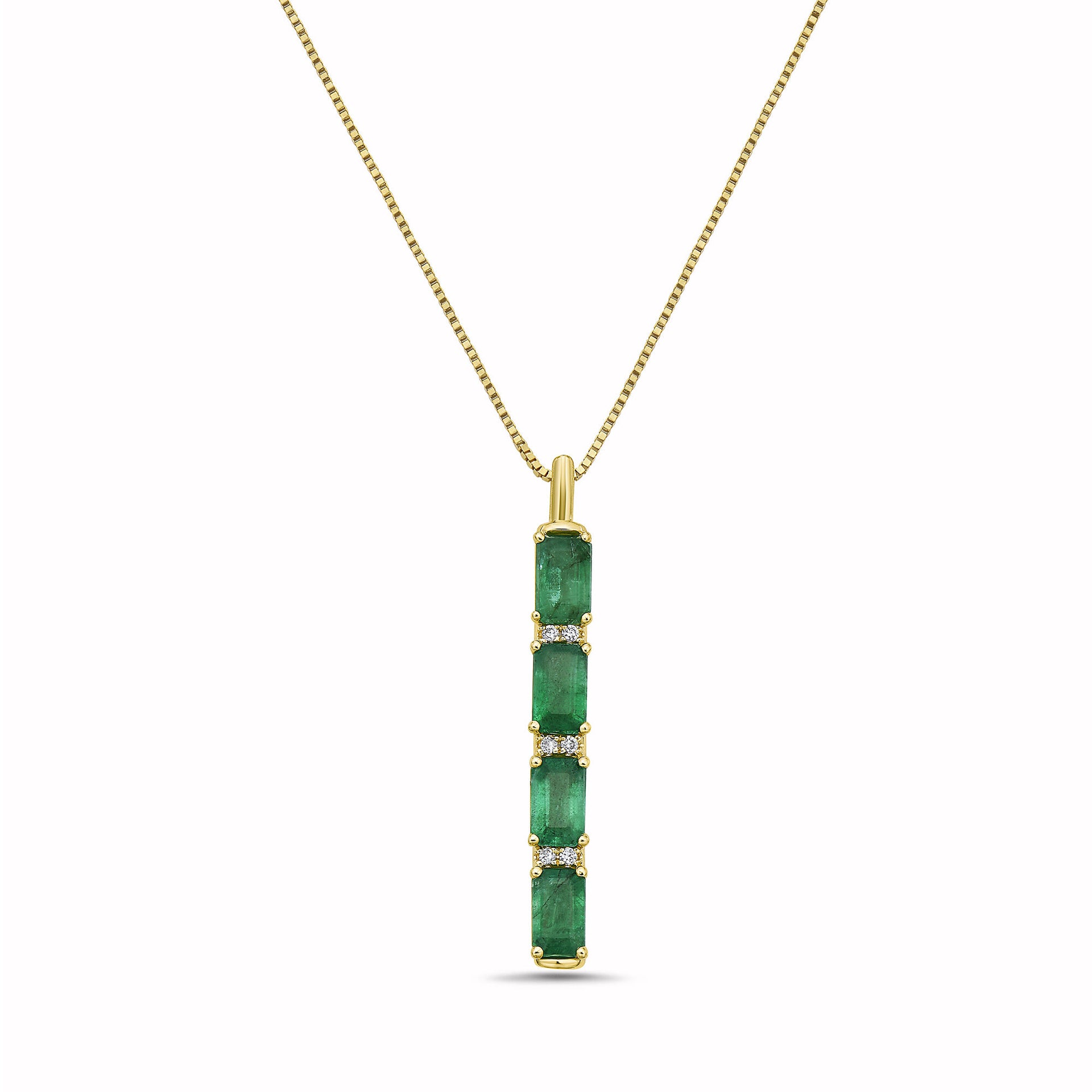 Emerald and Diamond Accent Vertical Bar Pendant in 14K Yellow Gold