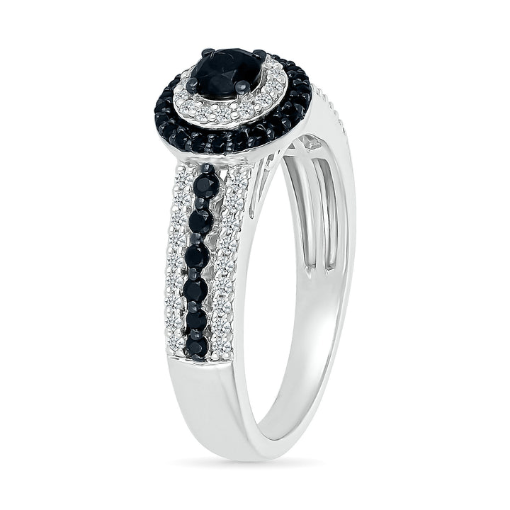 Black and White Diamond Double Halo Ring in 10K White Gold (3/4 ct. tw.)